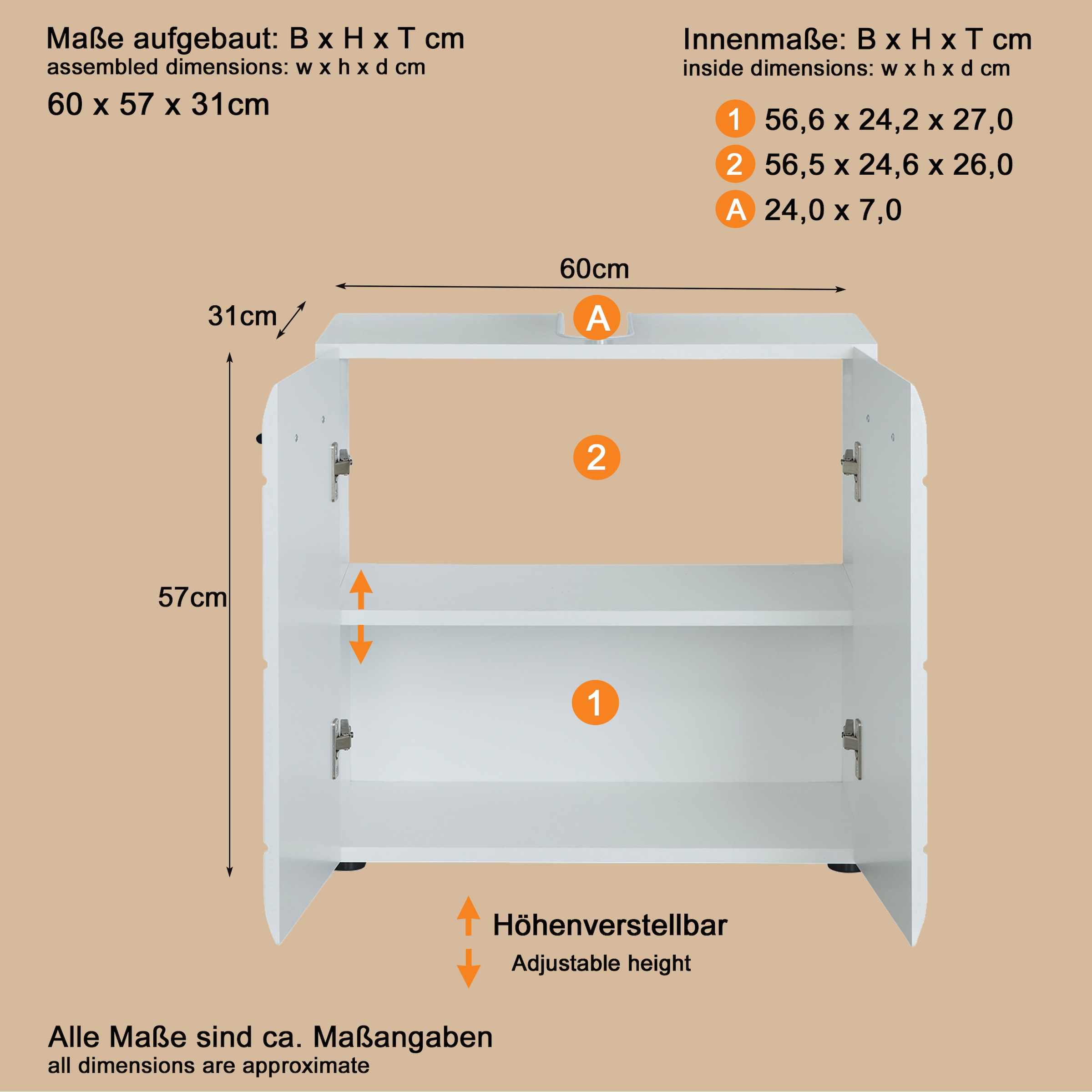 welltime Waschbeckenunterschrank »Sovana«, Waschtisch mit verstellbarem Fach - Masse (B/T/H) 60/31/56 cm
