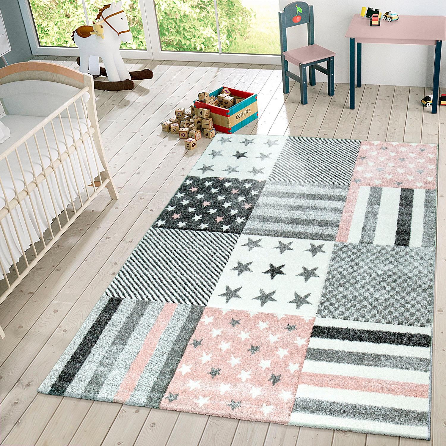 Paco Home Kinderteppich »Cosmo 217«, rechteckig, 18 mm Höhe, 3D-Design, Patchwork Muster, Motiv Sterne & Streifen, Kinderzimmer