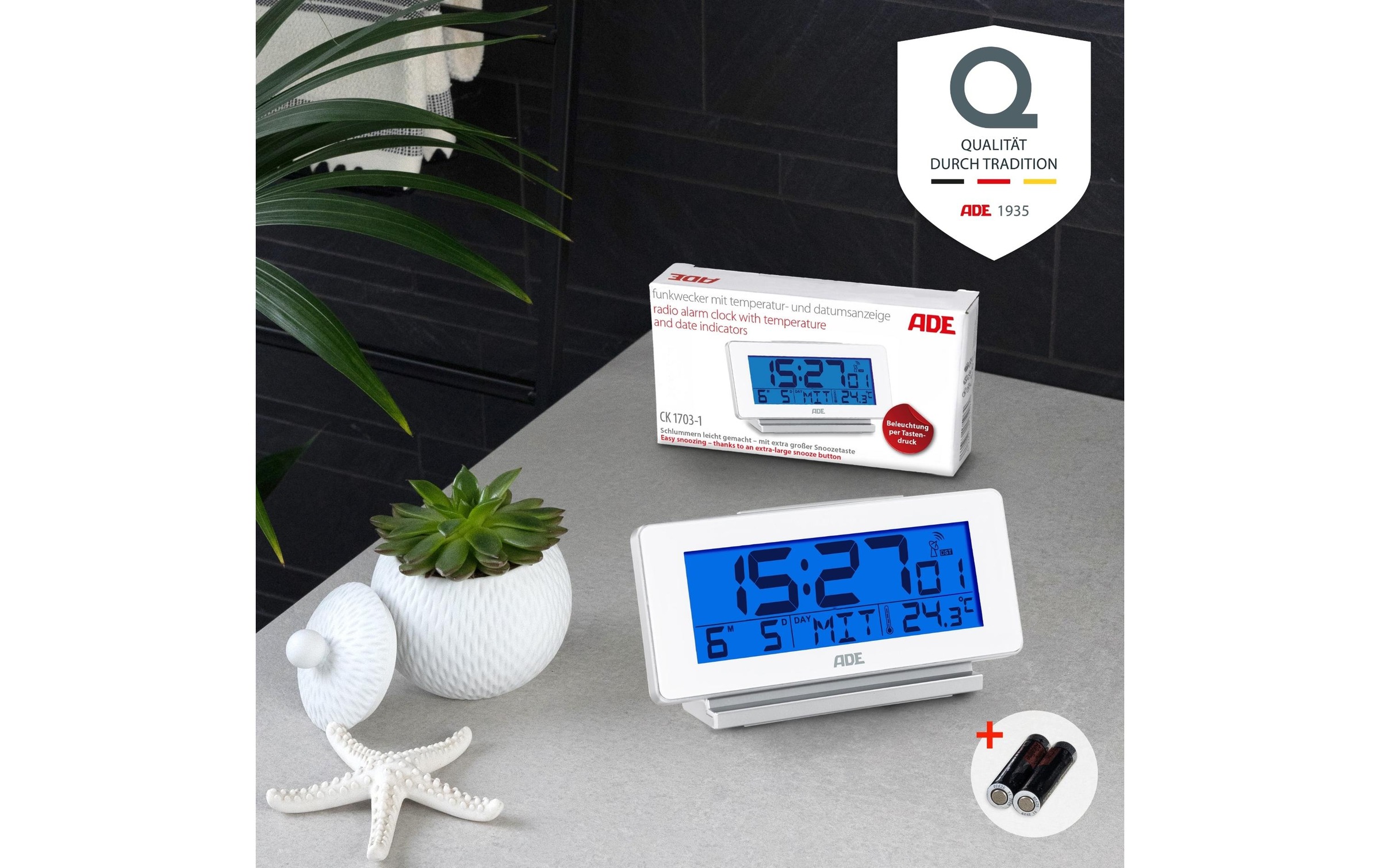 ADE Funkwecker »mit Temperatur und Datumsanzeige, Weiss«
