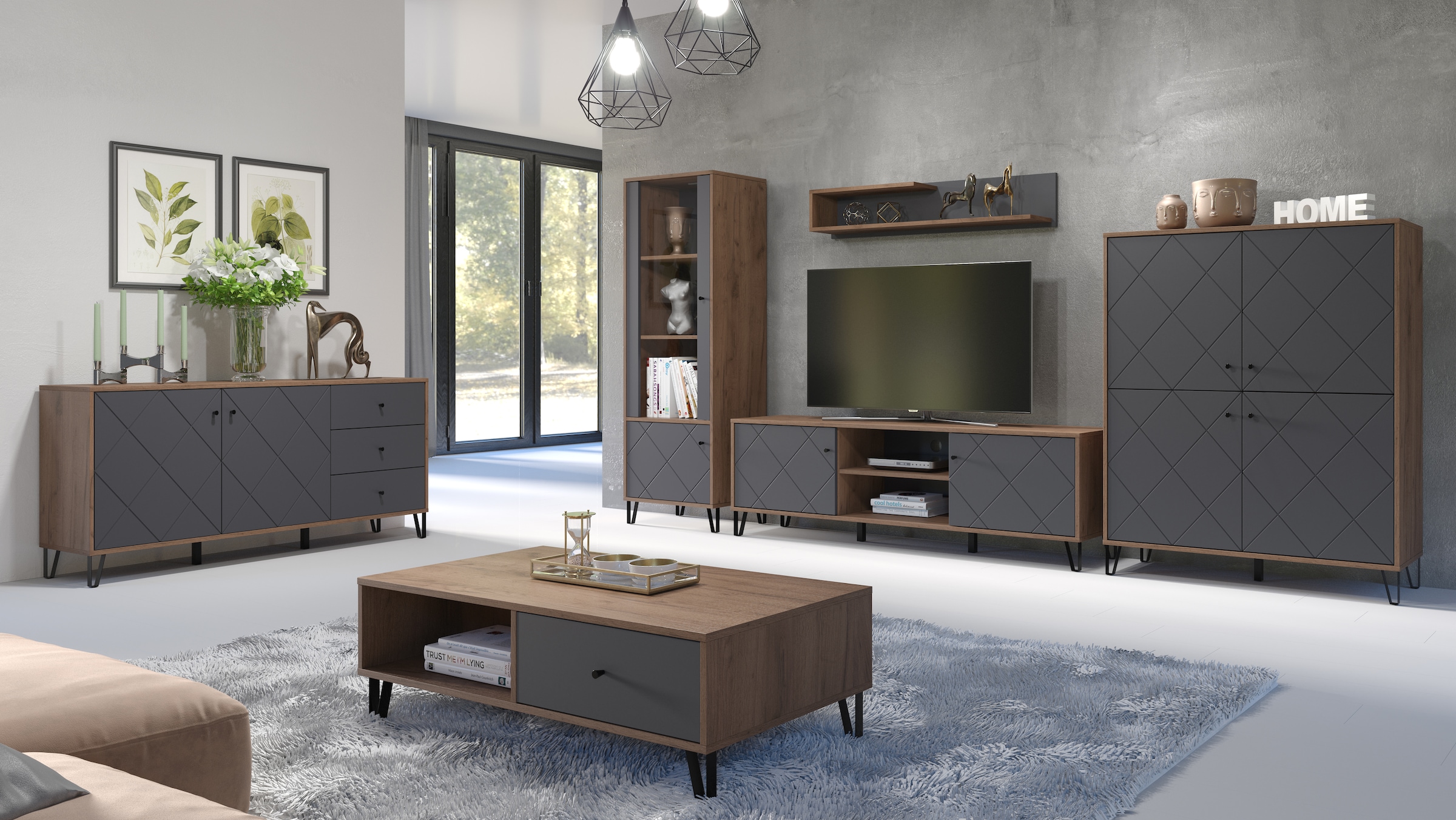 Places of Style Couchtisch »Molveno«, (1 St.), Sofatisch mit 2 Fächern, Schubladen und extravaganten Metall-Füssen