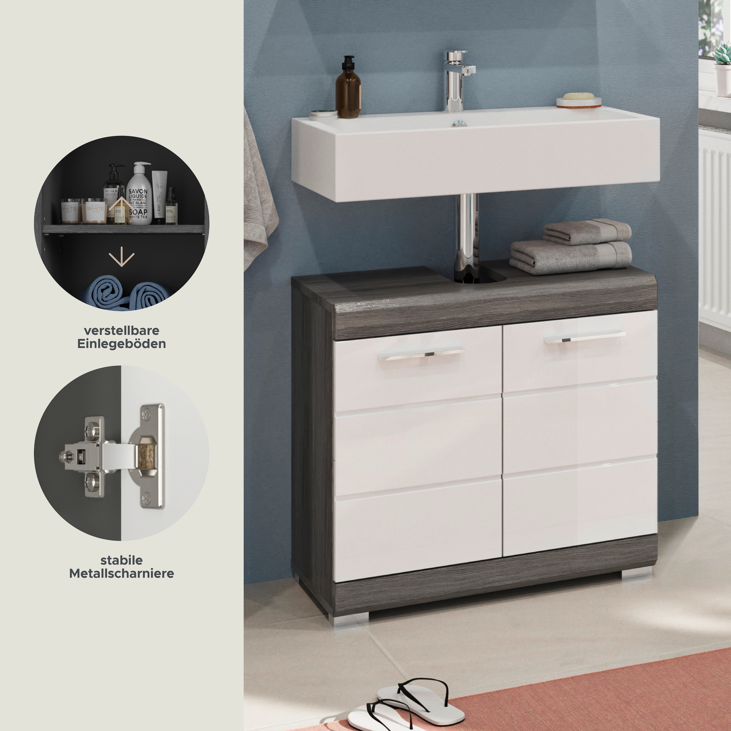 INOSIGN Waschbeckenunterschrank »Siena, Breite 60cm, 2 Tür, 2 Fächer, mit Siphonausschnitt, MDF-Front«, (1 St.), in verschiedenen Farben erhältlich, Badmöbel, Badschrank, Kommode, Bad