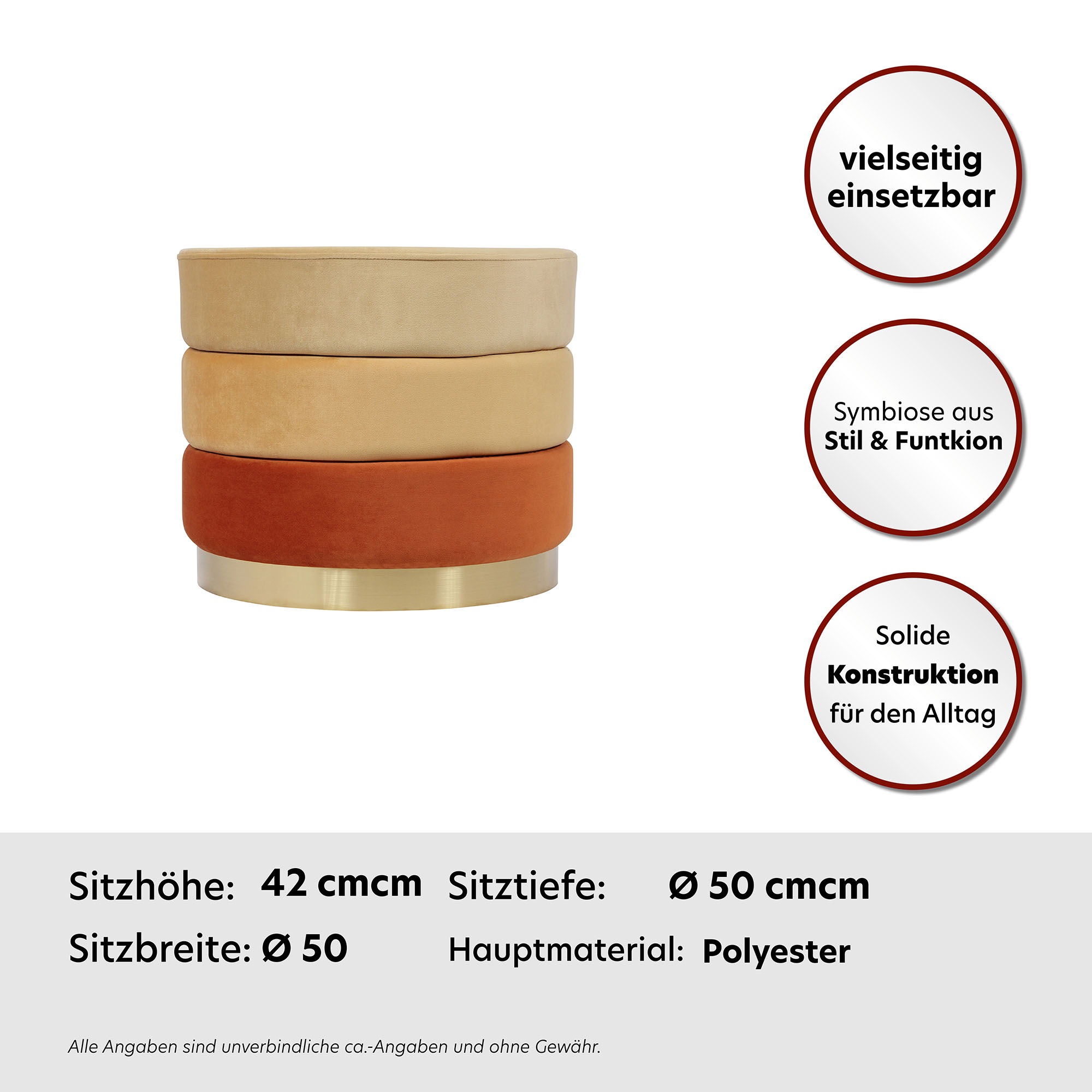 Kayoom Polsterhocker »Hocker Matilda 325, Edler Touch durch goldfarbenenen Sockel«, (1 St.), Samtbezug, farbig geschichtete Polsterung, goldfarbenener Sockel