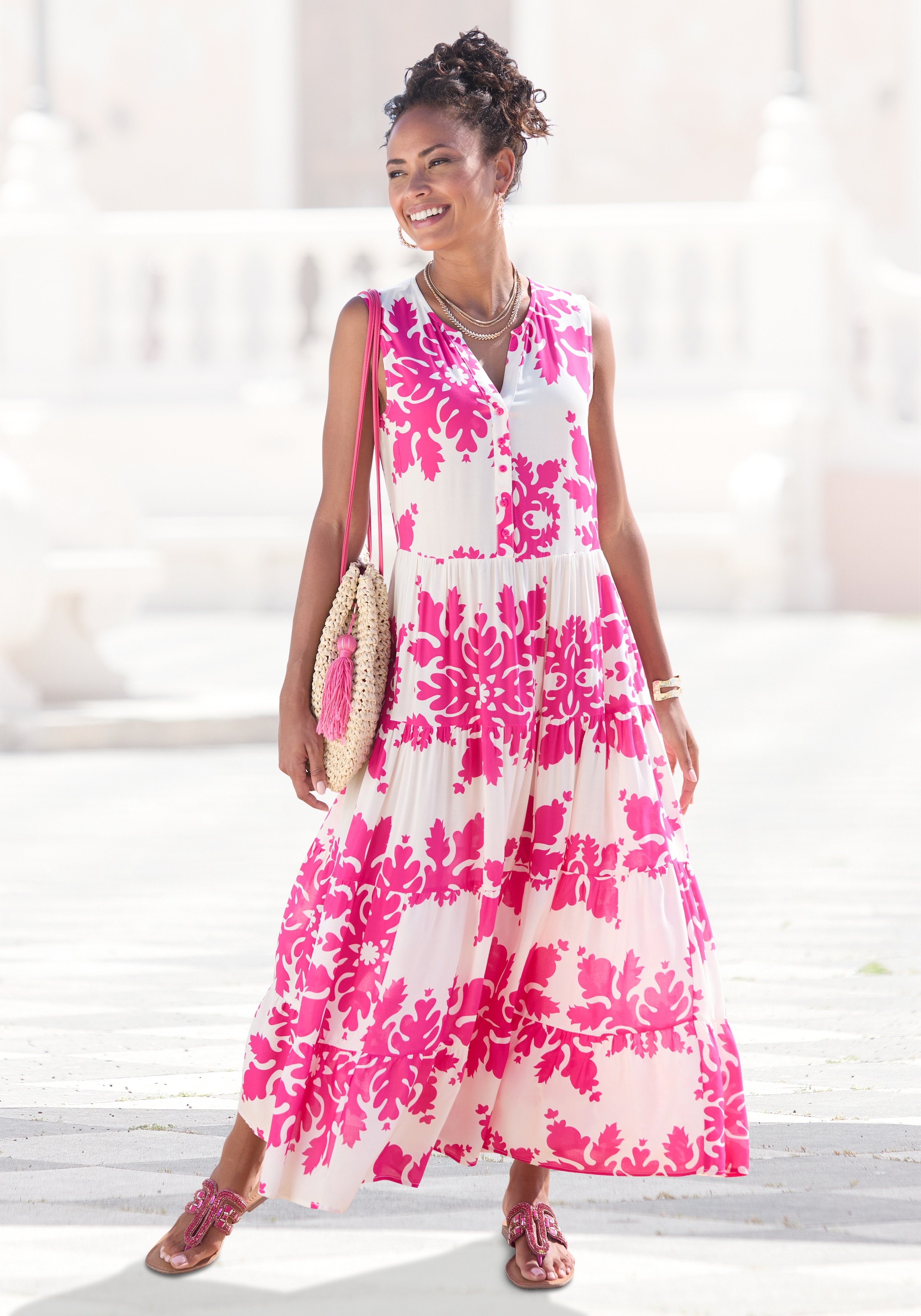 Vivance Maxikleid "mit Volants und Alloverdruck" Ärmelloses Sommerkleid, Webkleid, Strandkleid, Druckkleid, Tunikakleid