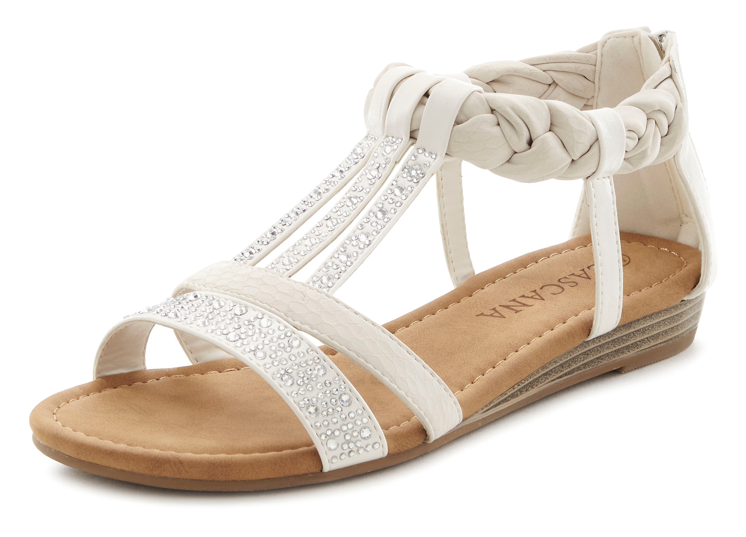 LASCANA Sandale »Sommerschuh, Sandalette«, mit Glitzersteinen und kleinem Keilabsatz im Festival-Look VEGAN