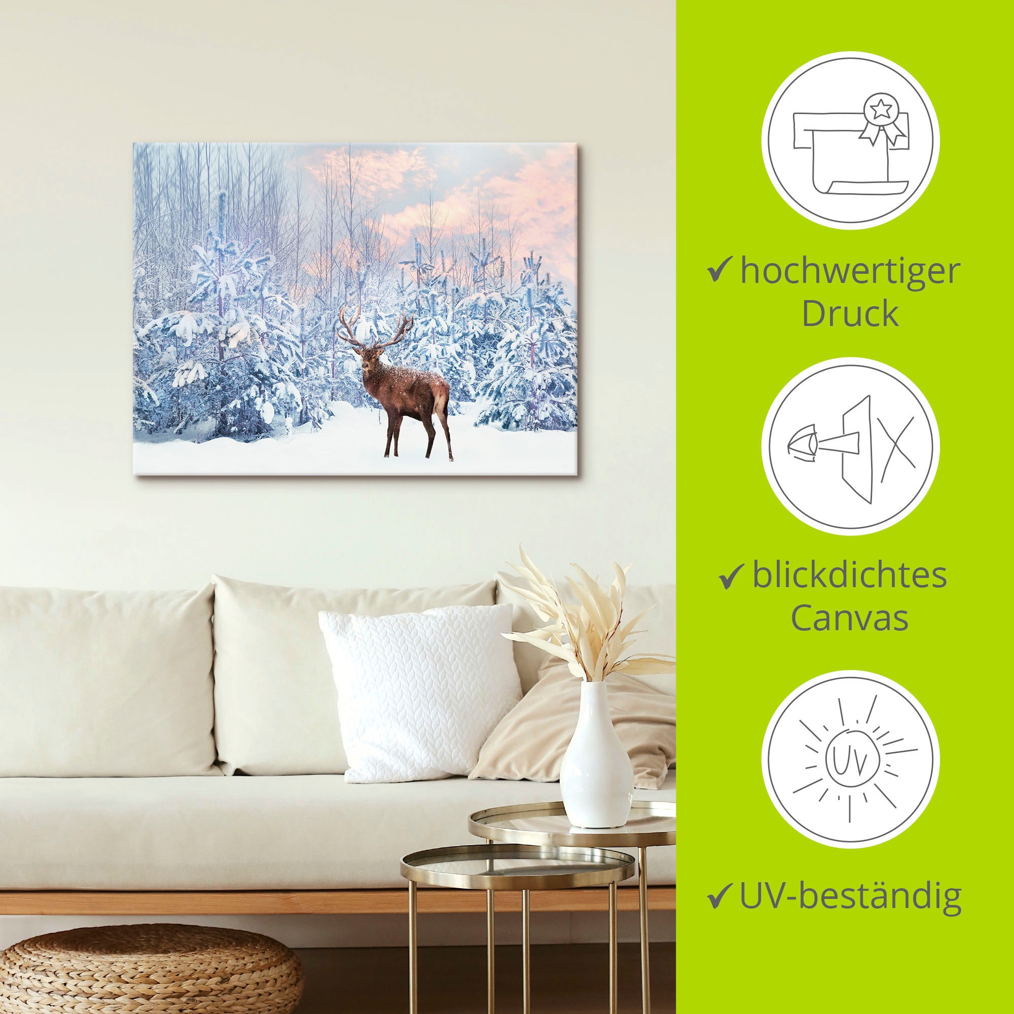 Artland Wandbild »Hirsch im Winterwald«, Hirschbilder, (1 St.), als Leinwandbild, Poster in verschied. Grössen