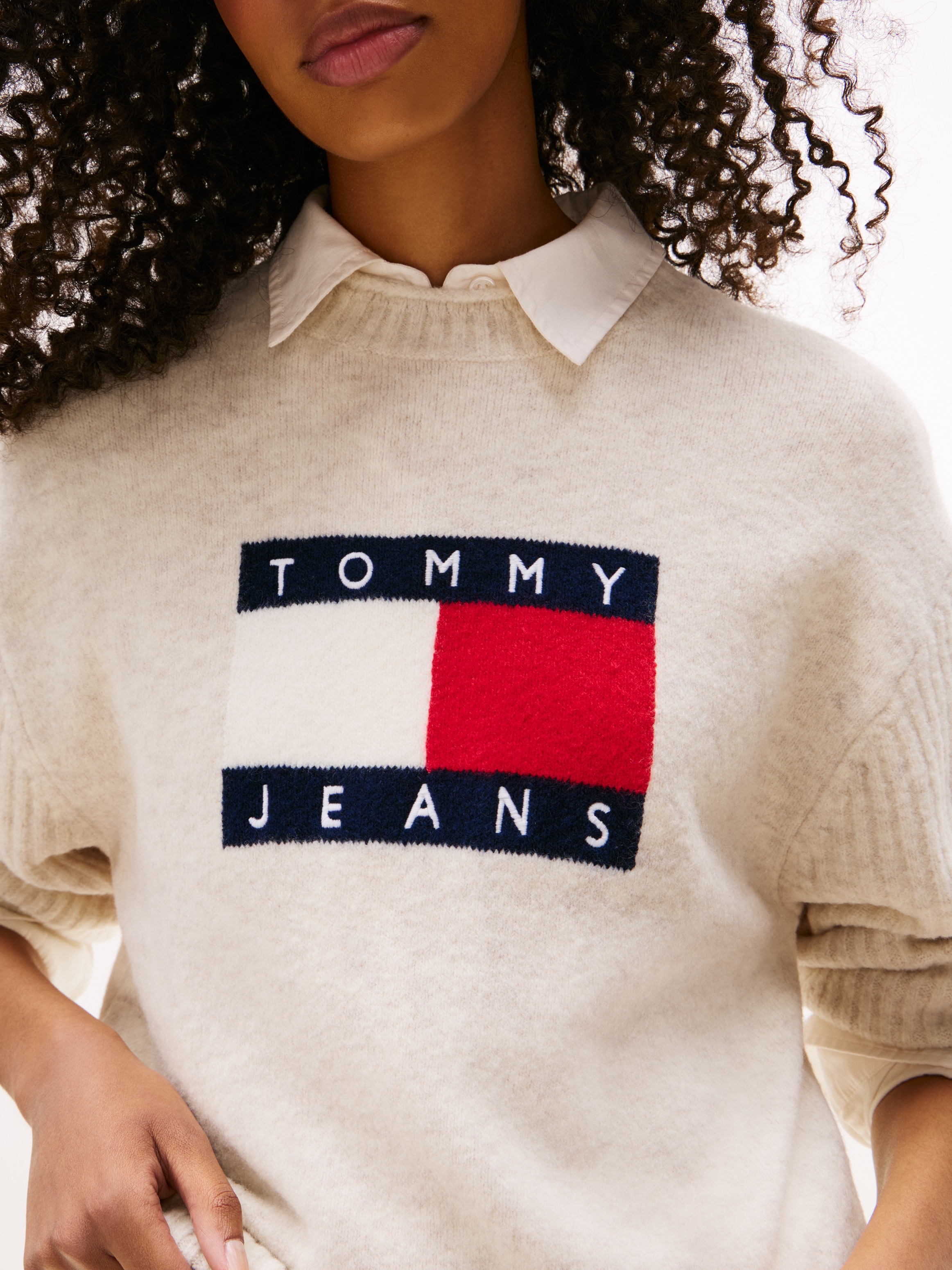 Tommy Jeans Strickpullover »TJW MELANGE FLAG SWEATER RIB EXT«, in gerippter Struktur