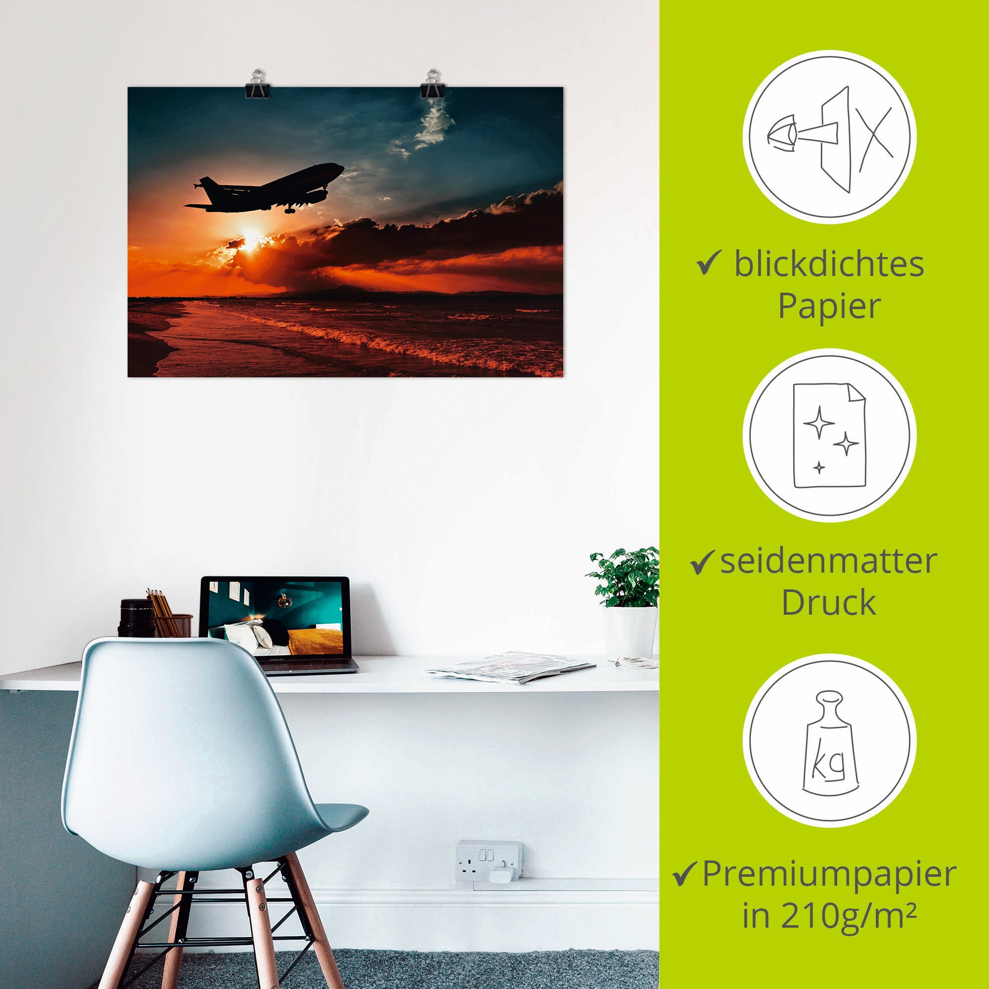 Artland Poster »Startendes Linienflugzeug am Abendhimmel«, Flugzeuge & Helikopter, (1 St.), als Alubild, Leinwandbild, Wandaufkleber oder Poster in versch. Grössen