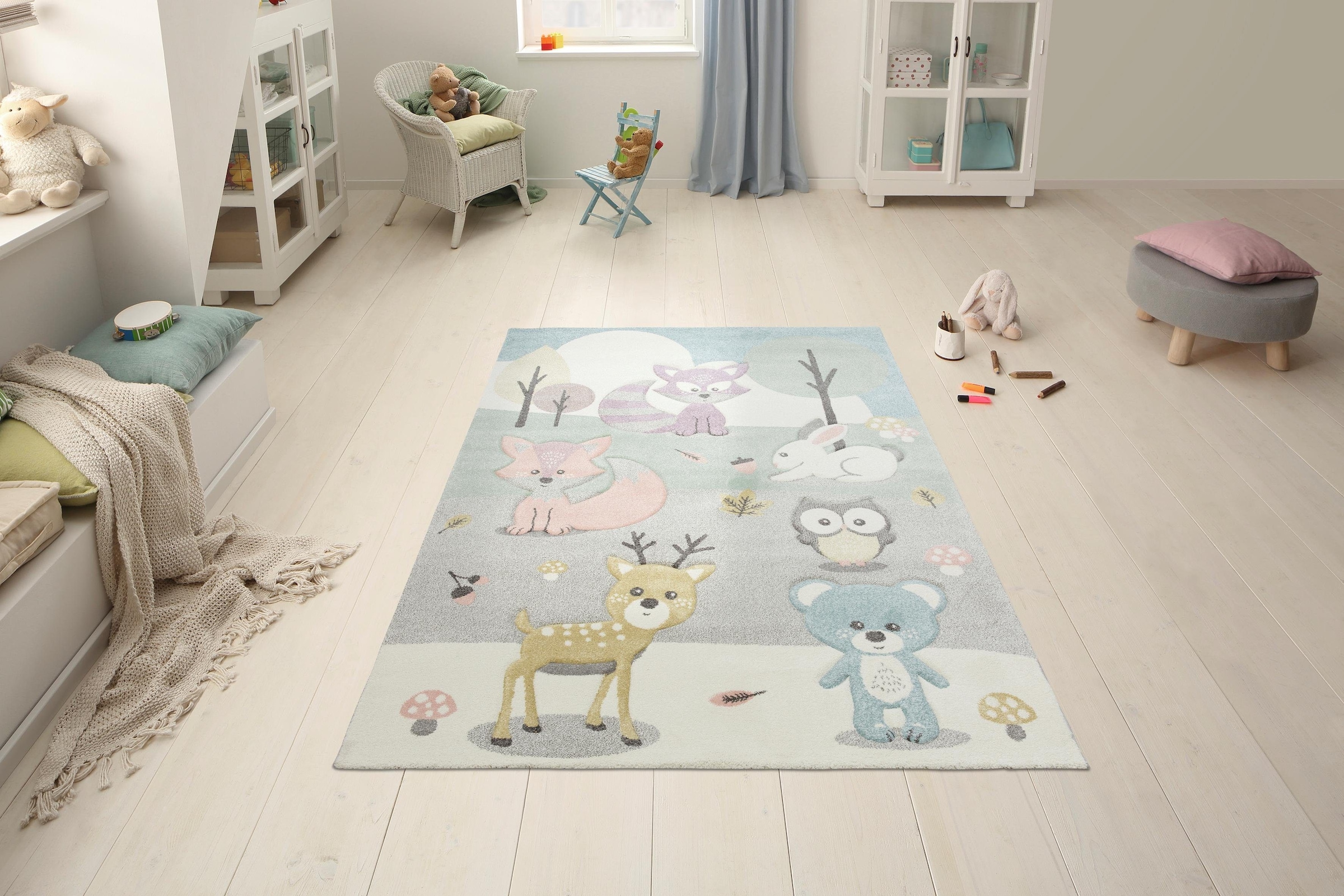 Lüttenhütt Kinderteppich »Wald«, rechteckig, Kurzflor, Motiv Tiere, in Pastell-Farben, 3D-Design, Waldtiere