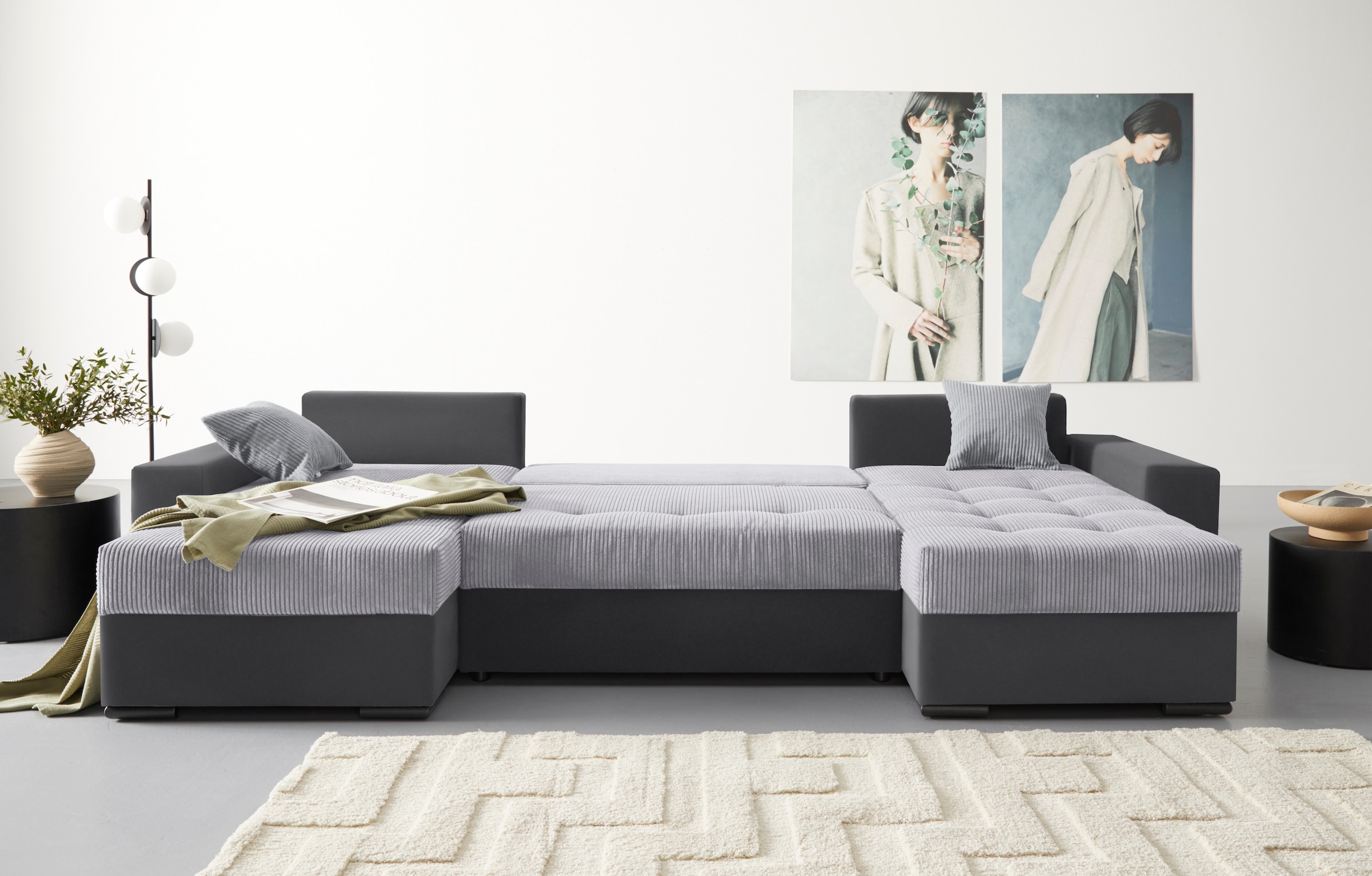 COLLECTION AB Wohnlandschaft »Josy U-Form«, mit Schlaffunktion, Bettkasten und Zierkissen, mit 2 Recamieren