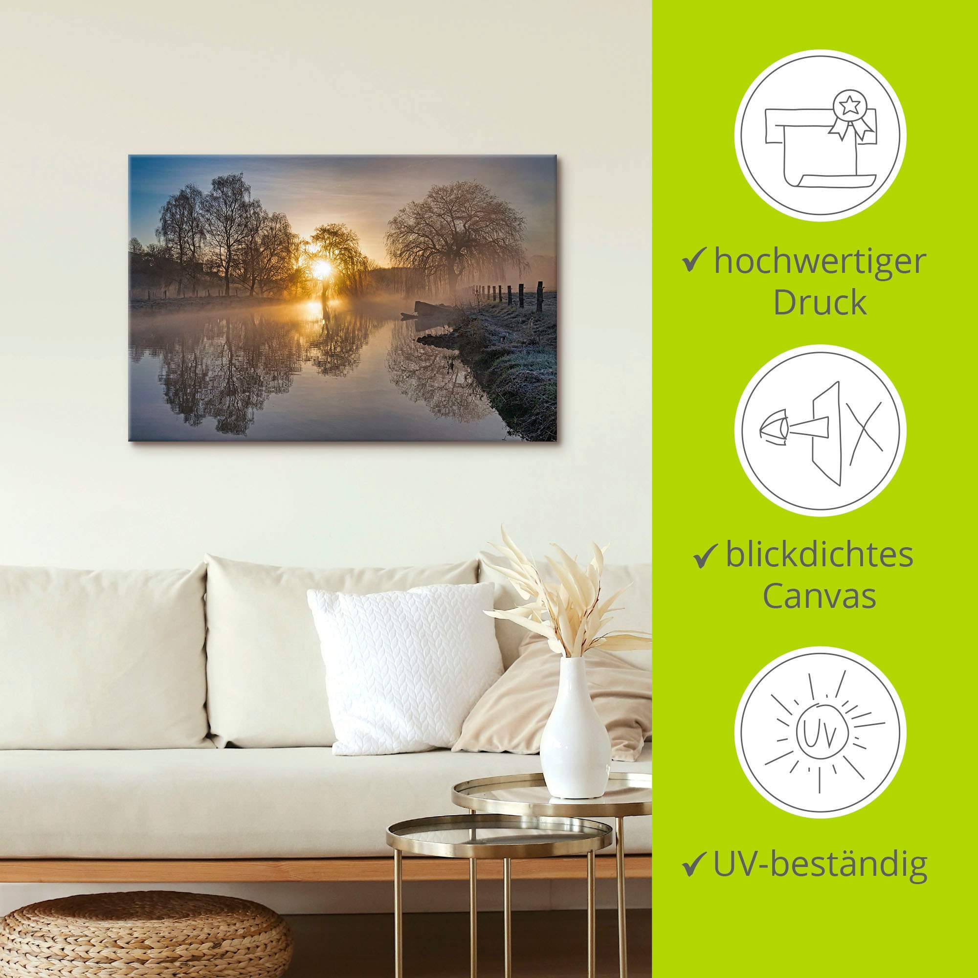 Artland Wandbild »Mystischer Morgen an der Trave«, Bilder vom Sonnenuntergang & -aufgang (1 Stück), in vielen Grössen & Produktarten - Alubild/Outdoorbild, Leinwandbild, Poster, Wandaufkleber/Wandtattoo auch für Badezimmer geeignet
