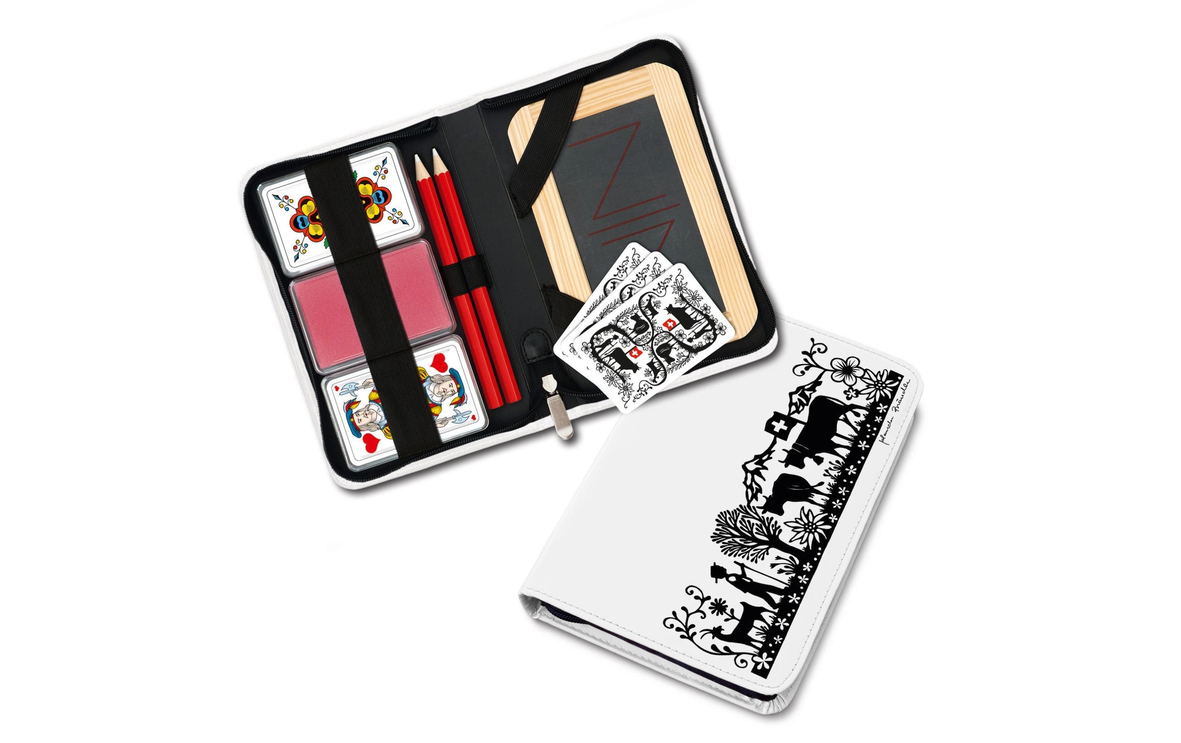 Spiel "Jassetui weiss mit Schweizer Motiv"