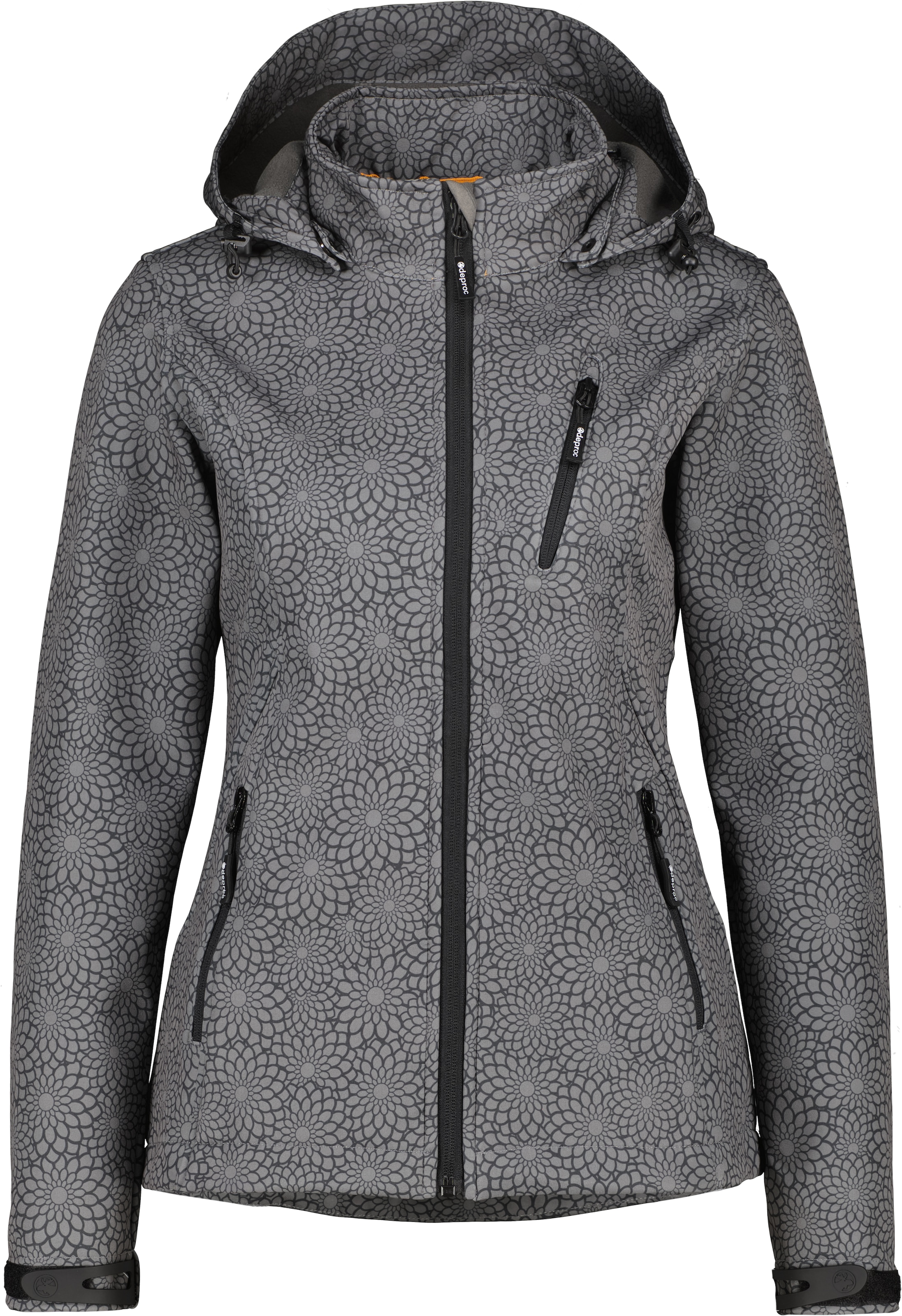 DEPROC Active Softshelljacke »SHELBY PEAK DC«, leichte Softshelljacke mit All-Over-Print und abnehmbarer Kapuze