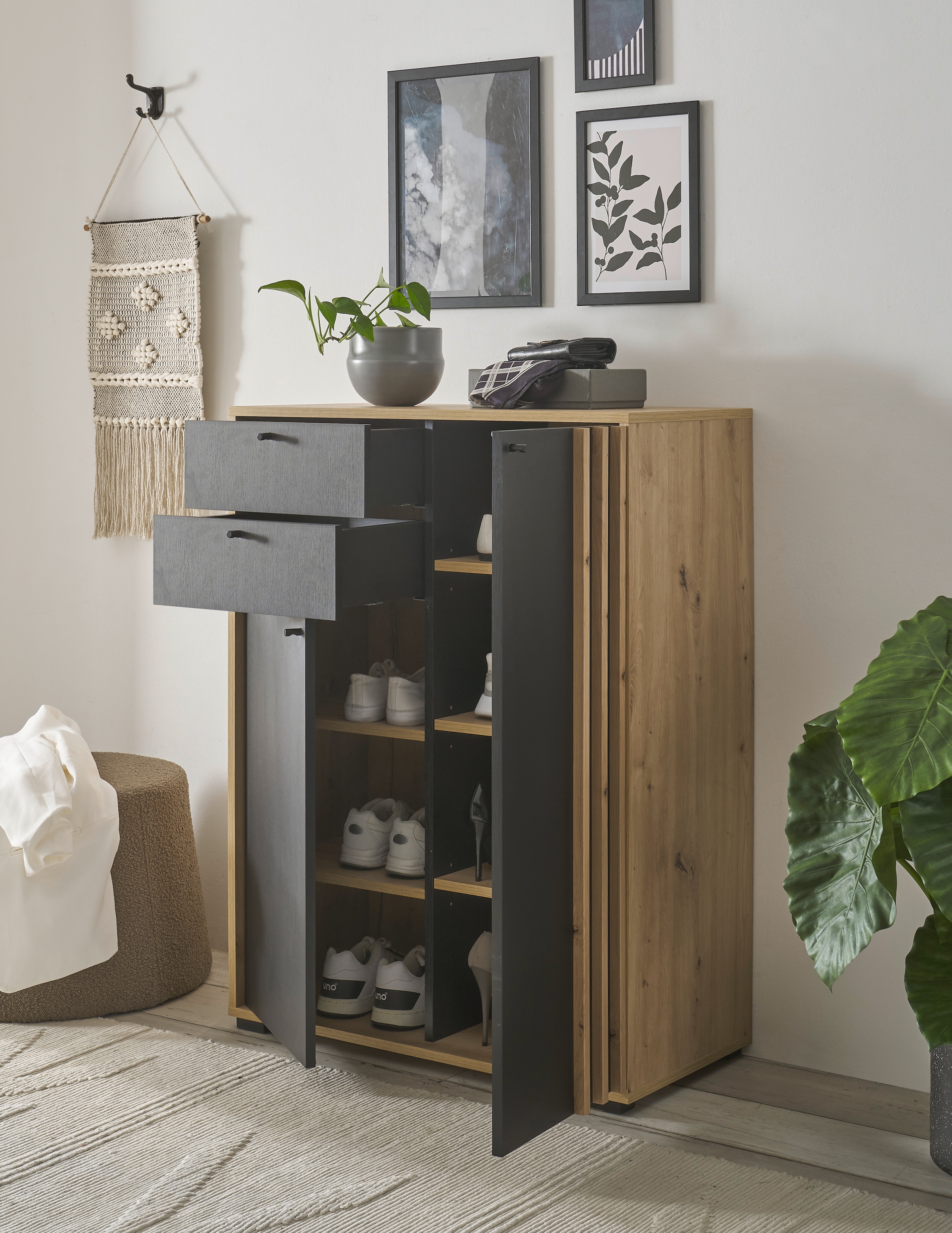 HBZ Schuhschrank »Volano in schwarz, BxHxT 80x106x38 cm«, (1 St.), Mit 2 Türen, 2 Schubkästen, 5 Einlegeböden