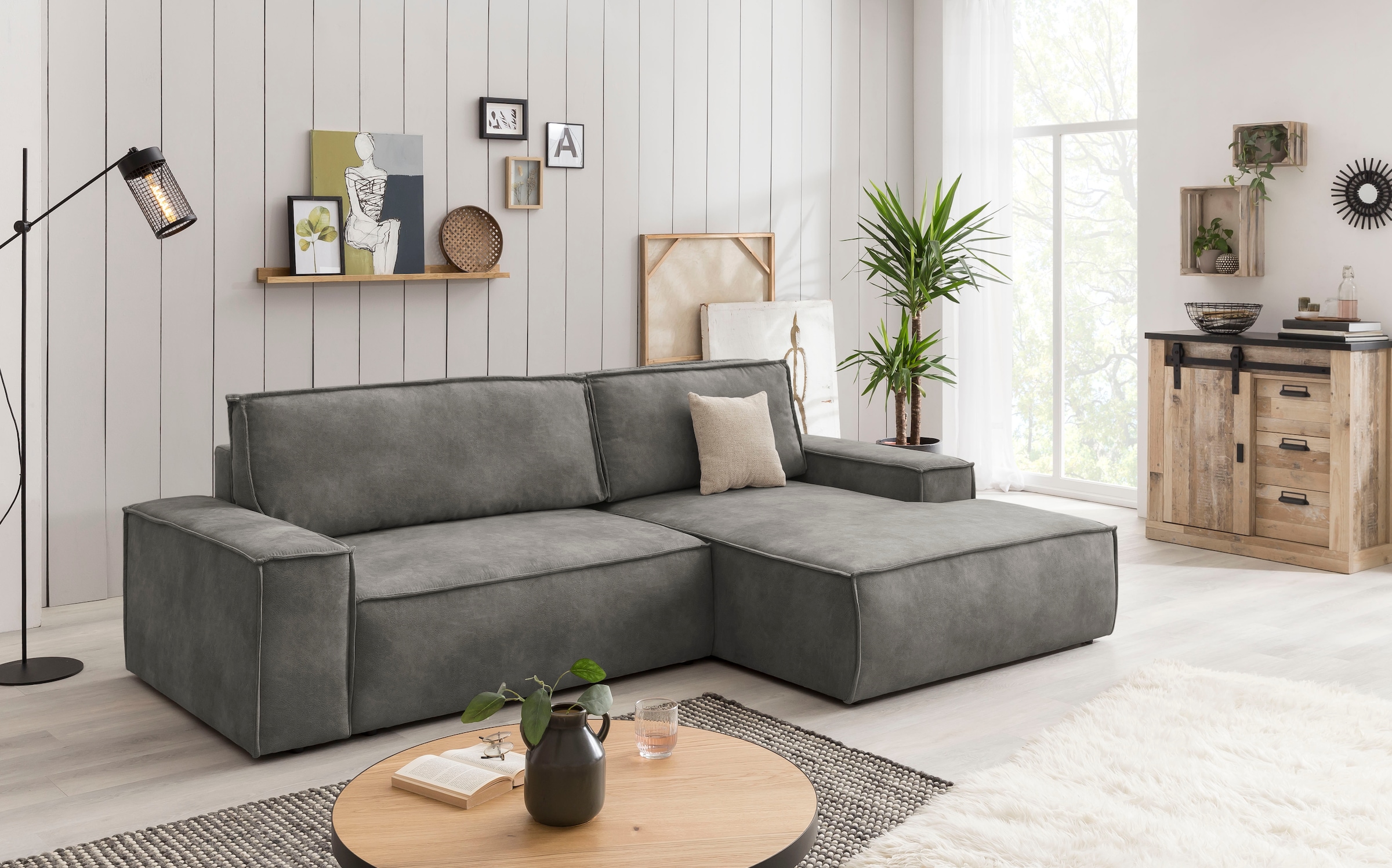 Home affaire Ecksofa SHERWOOD Schlafsofa 267 cm, L-Form, Schlaffunktion mit Bettkasten (210x136 cm), Cord, Vintage, Samtvelours