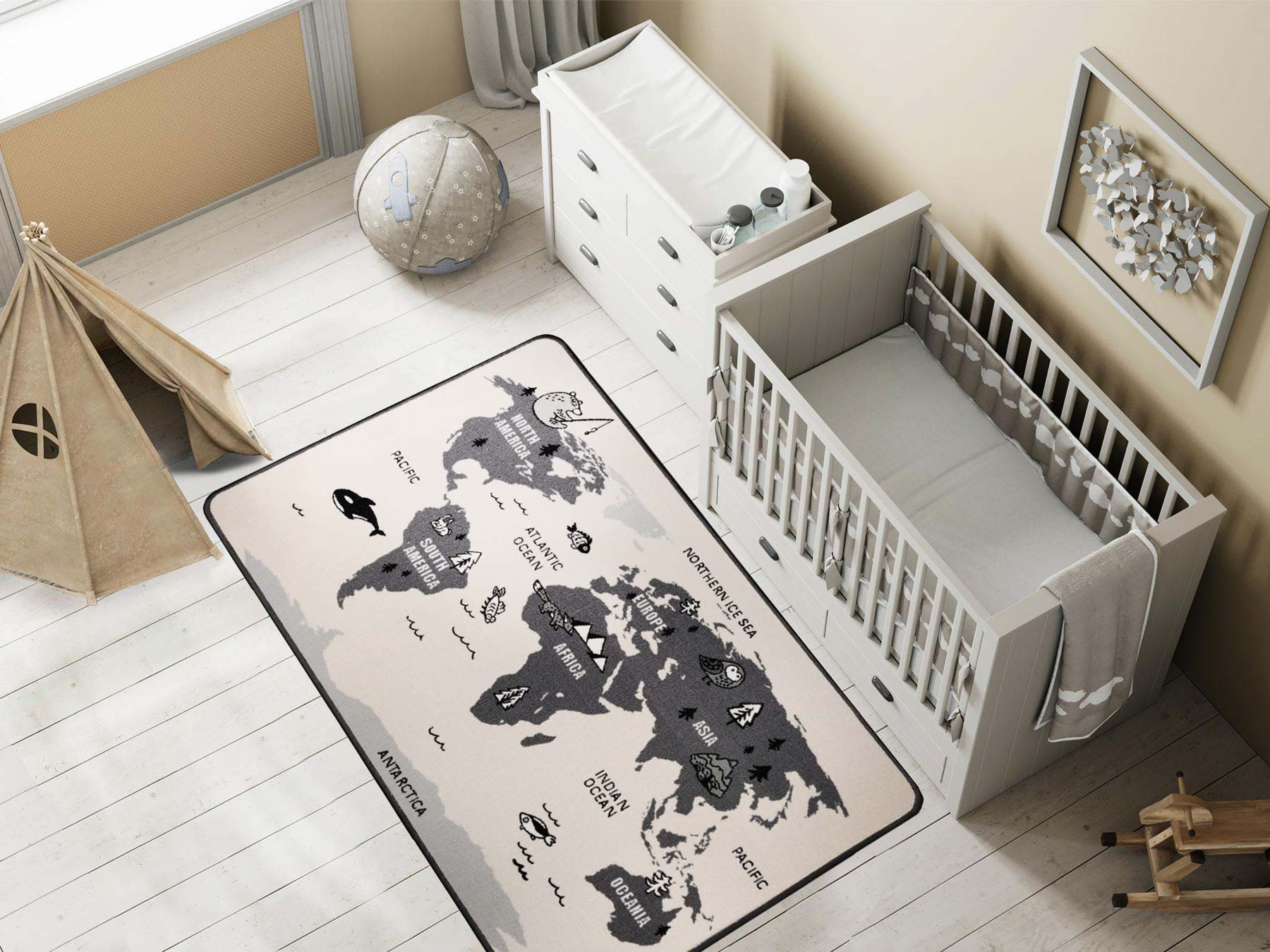 Primaflor-Ideen in Textil Kinderteppich "RETRO - Weltkarte, Made in Belgium" rechteckig 5 mm Höhe Motiv Weltkarte, Kinderzimmer
