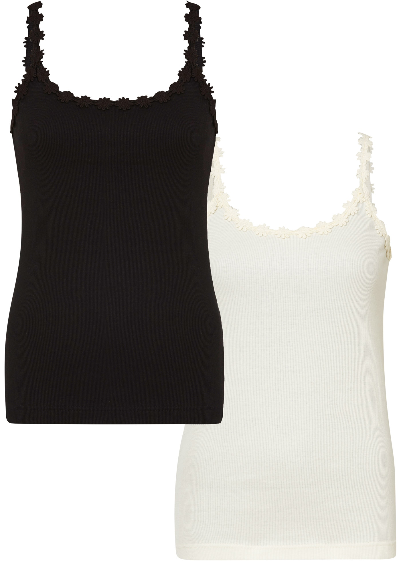 bonprix Shirttop Packung, 2 modischer Stil, Slim fit Passform, ohne Ärmel, mit Spitzenborte