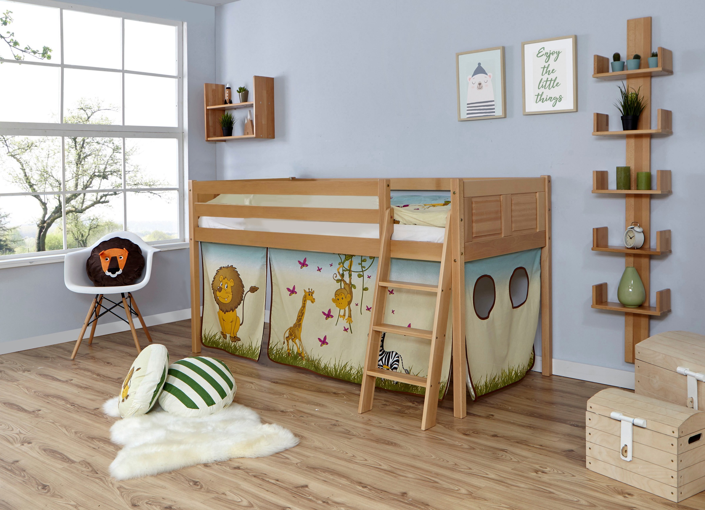Ticaa Hochbett »Eric« mit Rollrost und Textil-Set wahlweise mit Matratze, Buche