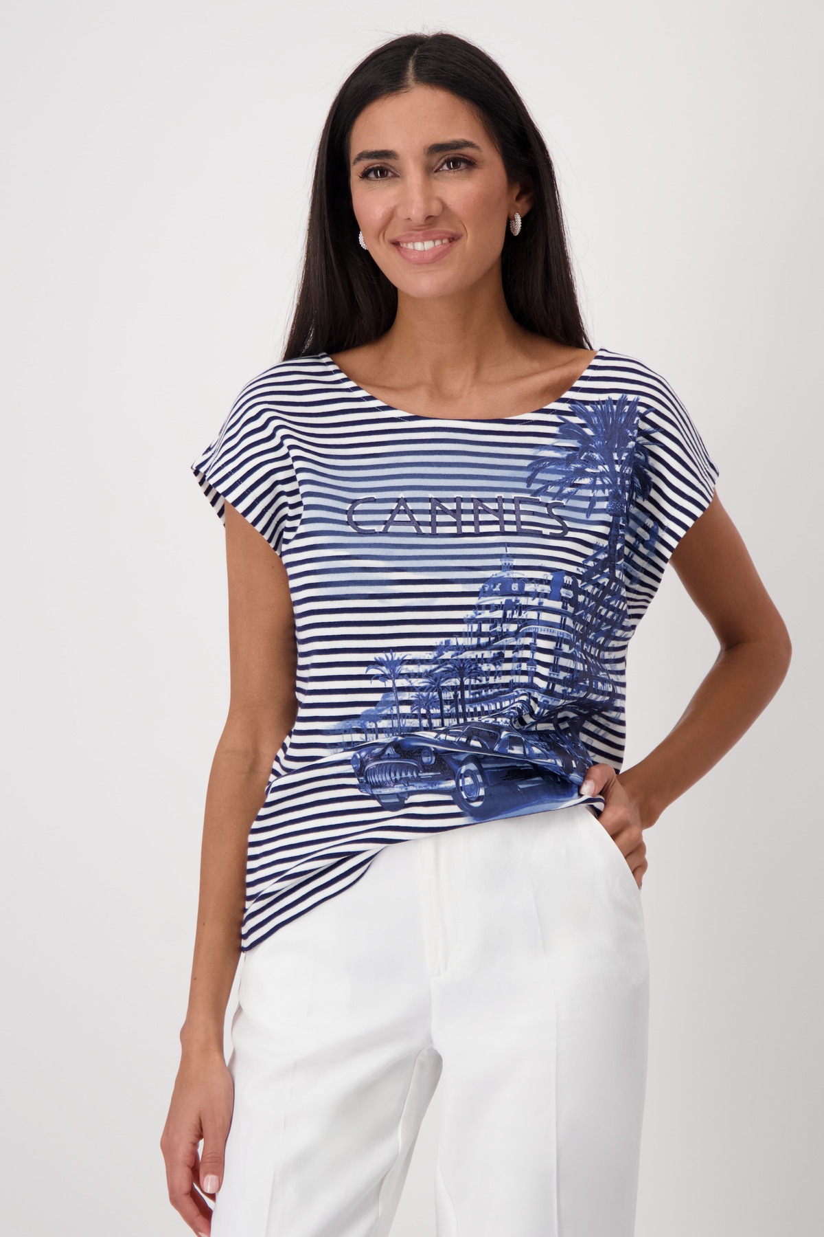 Monari Rundhalsshirt mit Streifen und Print