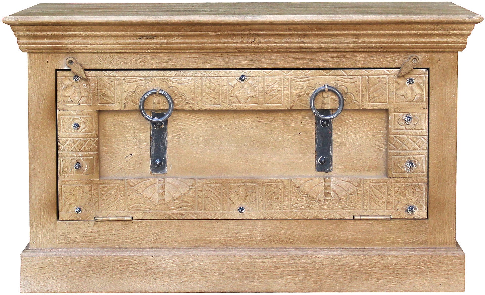SIT Truhenbank "Berlin aus Mangoholz mit aufwendigen Schnitzereien & Schuhfach" Sitzbank mit integriertem Schuhfach für ca. 6 Paar Schuhe