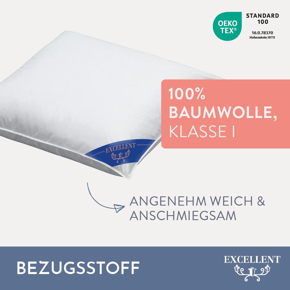 Excellent Kopfkissen »Venedig«, Füllung: weisse neue Federn und Daunen, Klasse I, 85% Federn / 15% Daunen, Bezug: Köper-Inlett, 100% Baumwolle, (Spar-Set, 1 St., 2 Kopfkissen), Kopfkissen 40x40, 40x80, 80x80, allergiker geeignet (Hausstaub)
