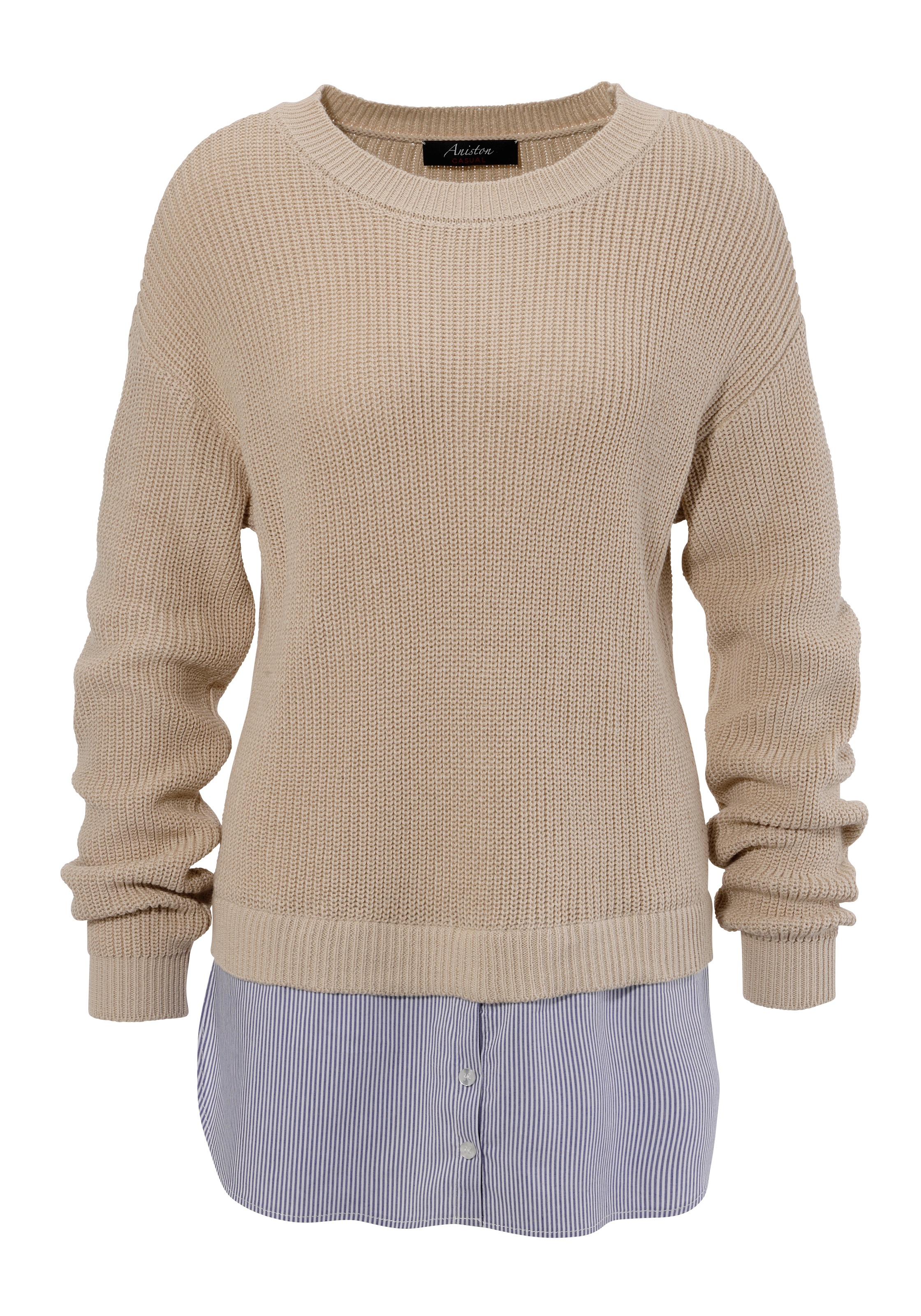 Aniston CASUAL Strickpullover, mit gestreiftem Bluseneinsatz am Saum