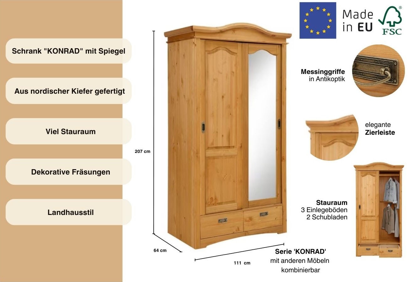 Home affaire Schiebetürenschrank »Konrad«, (B/H/T ca. 111/207/64 cm), Breite 111 cm, aus massiver, FSC®-zertifizierter Kiefer