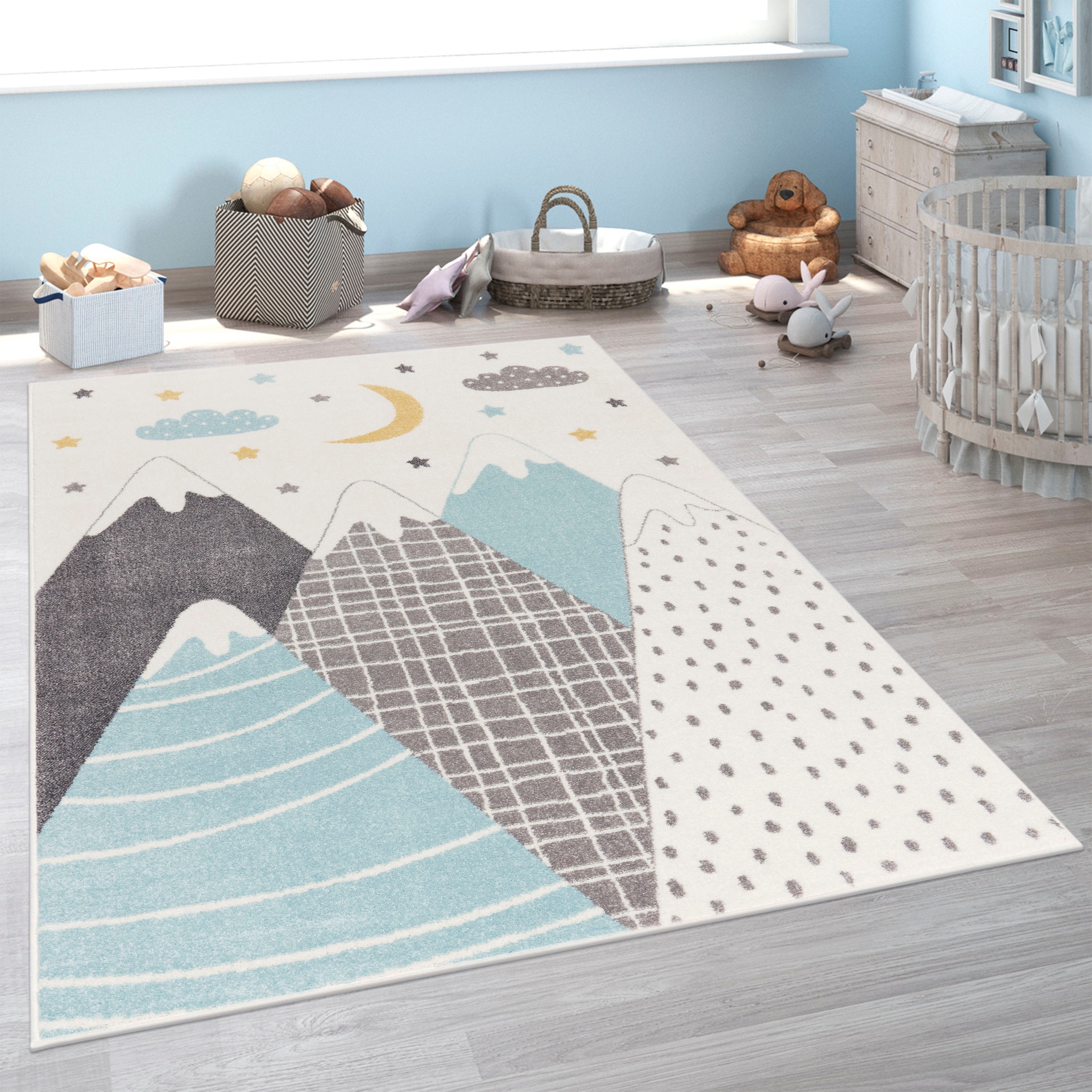 Paco Home Kinderteppich »Nino 886«, rechteckig, 13 mm Höhe, Kurzflor, Spielteppich, Motiv Berge & Sterne, Pastell-Farben
