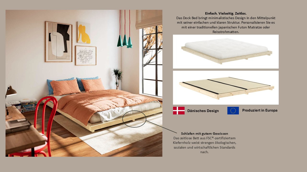 Karup Design Bettgestell »DOCK BED, Futonbett, Massivholzbett, Bett ohne Matratze«, Bett mit Lattenrost, aus FSC® zertifizierter Kiefer, mehrere Grössen