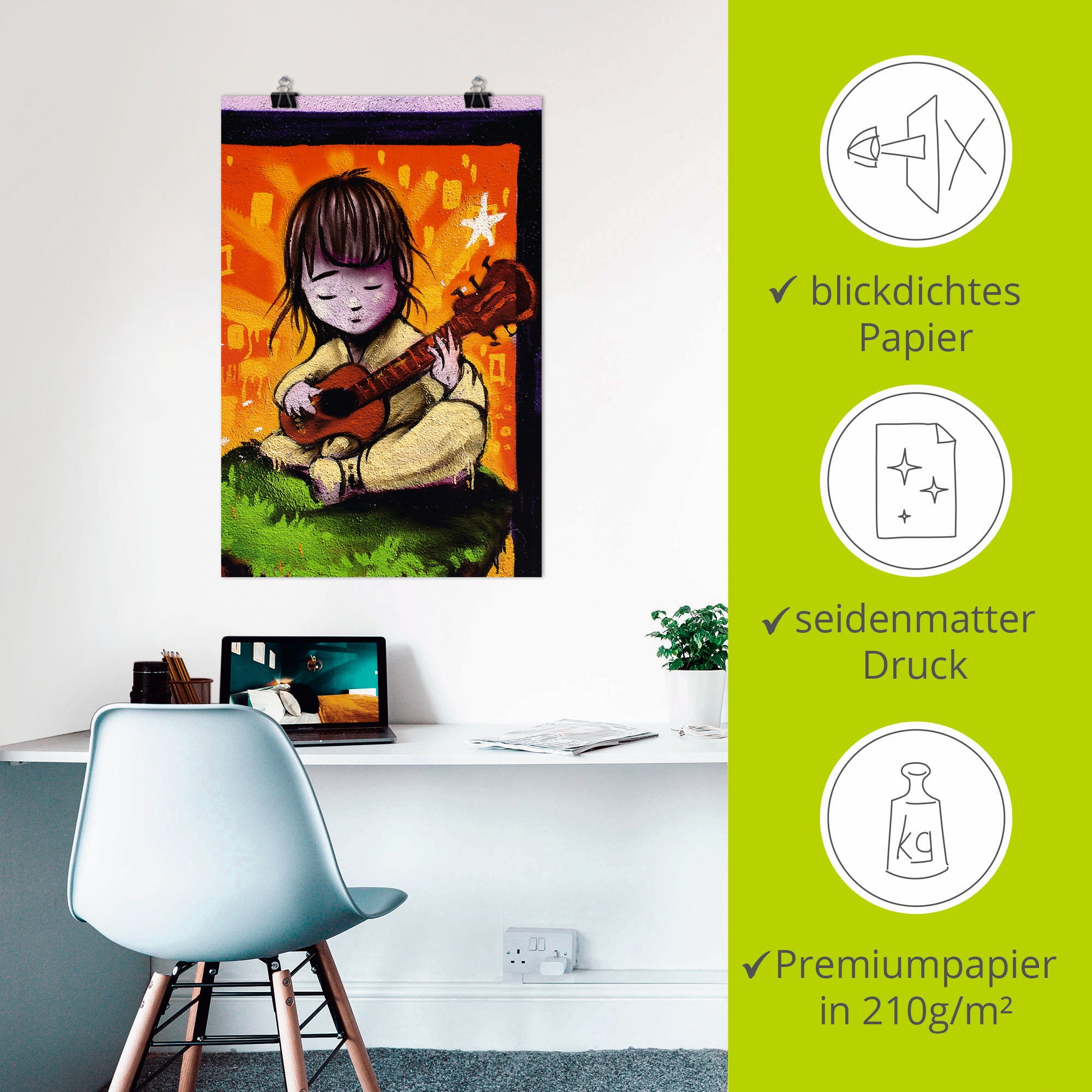 Artland Poster »Junge mit Gitarre - Graffiti«, Kind, (1 St.), als Alubild, Leinwandbild, Wandaufkleber oder Poster in versch. Grössen