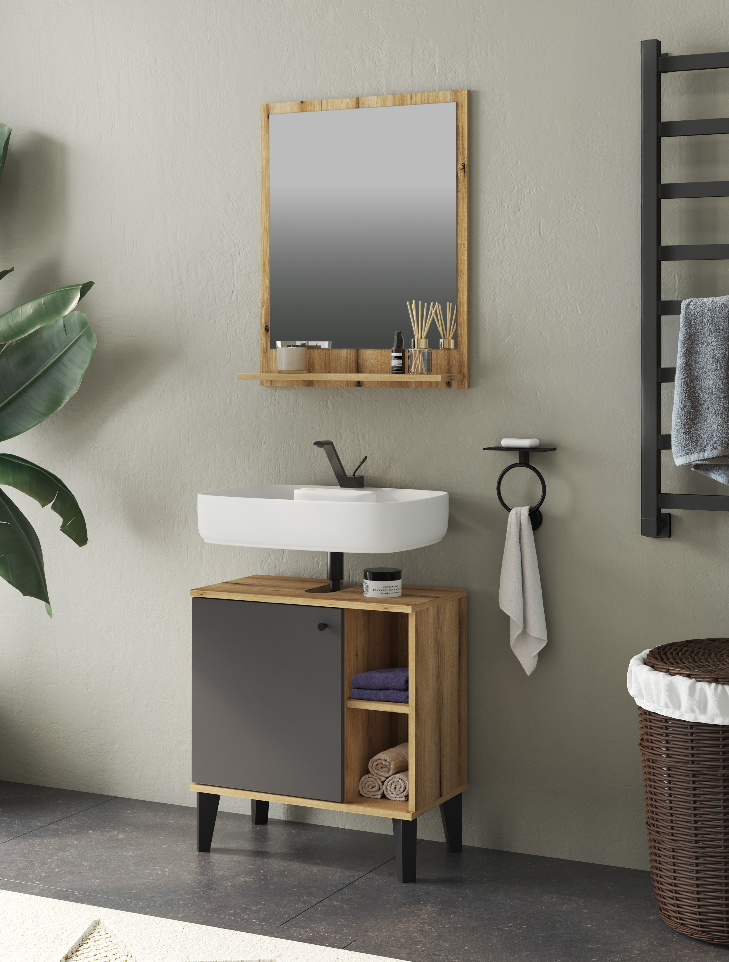 Home affaire Badspiegel "Oslo, Spiegel in Eiche Evoke, Wandspiegel im skandinavischen Design" mit Ablagefläche, 60 cm breit