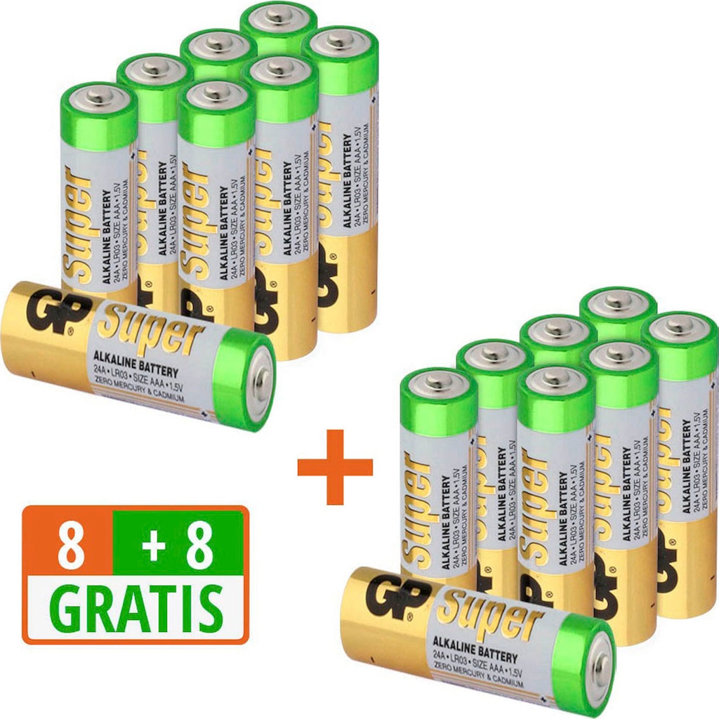 GP Batteries Batterie »AAA Micro Super Alkaline Batterie, 1,5V, 16 Stück (8+8)«, 1,5 V, (Spar-Set, 16 St.)