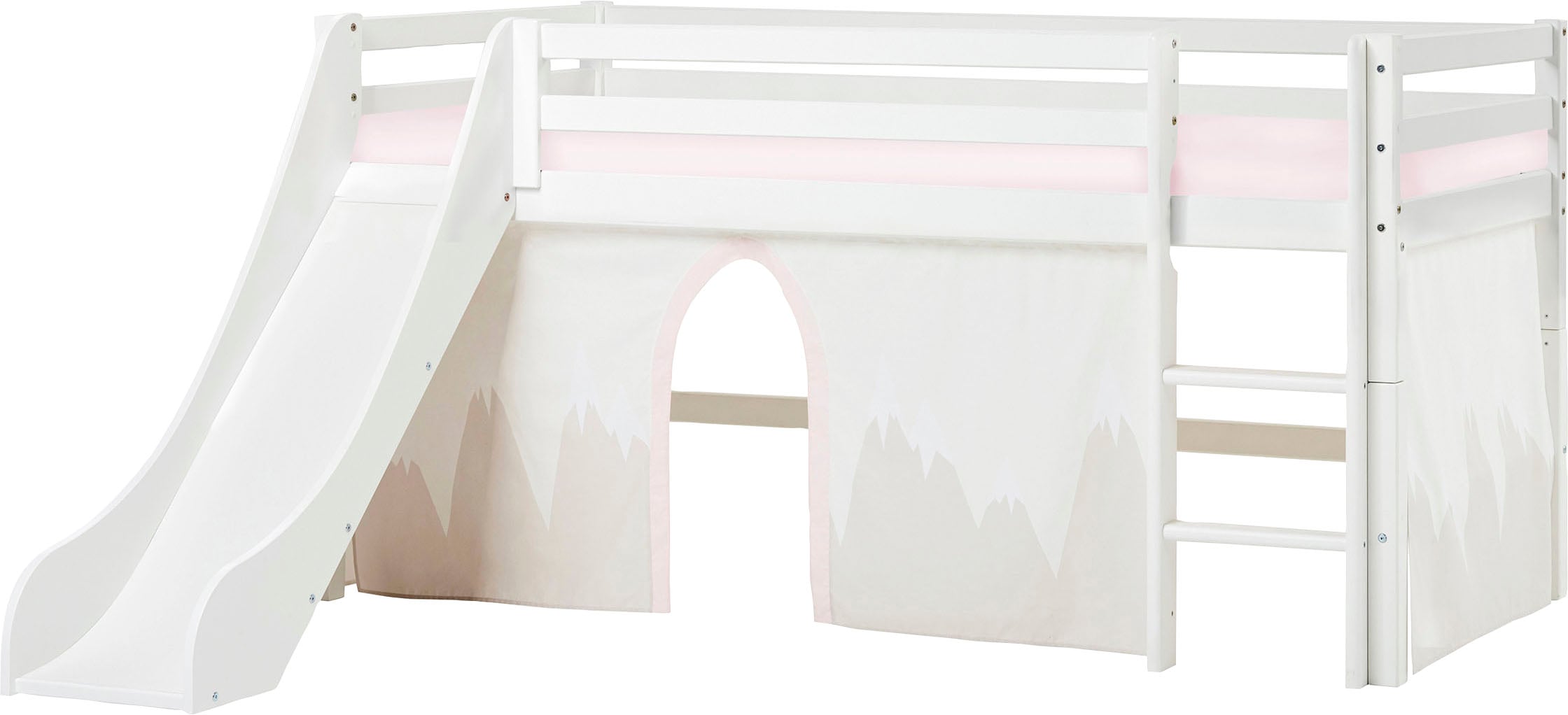 Hoppekids Hochbett »«Winter Wonderland»« Set, 4 Stk. tlg. 90x200 mit Rutsche, Vorhang & Matratze