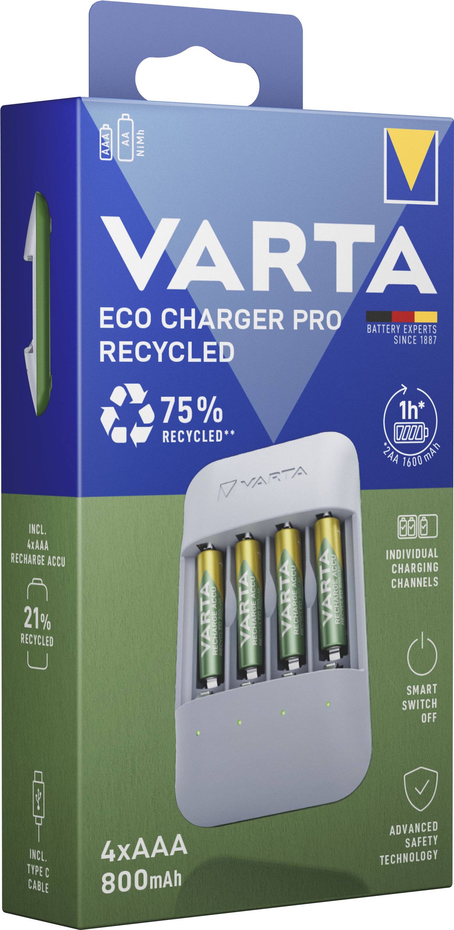 VARTA Batterie-Ladegerät »Eco Charger Pro Recycled + 4x AAA 800 mAh«, 2000 mA, (Packung)