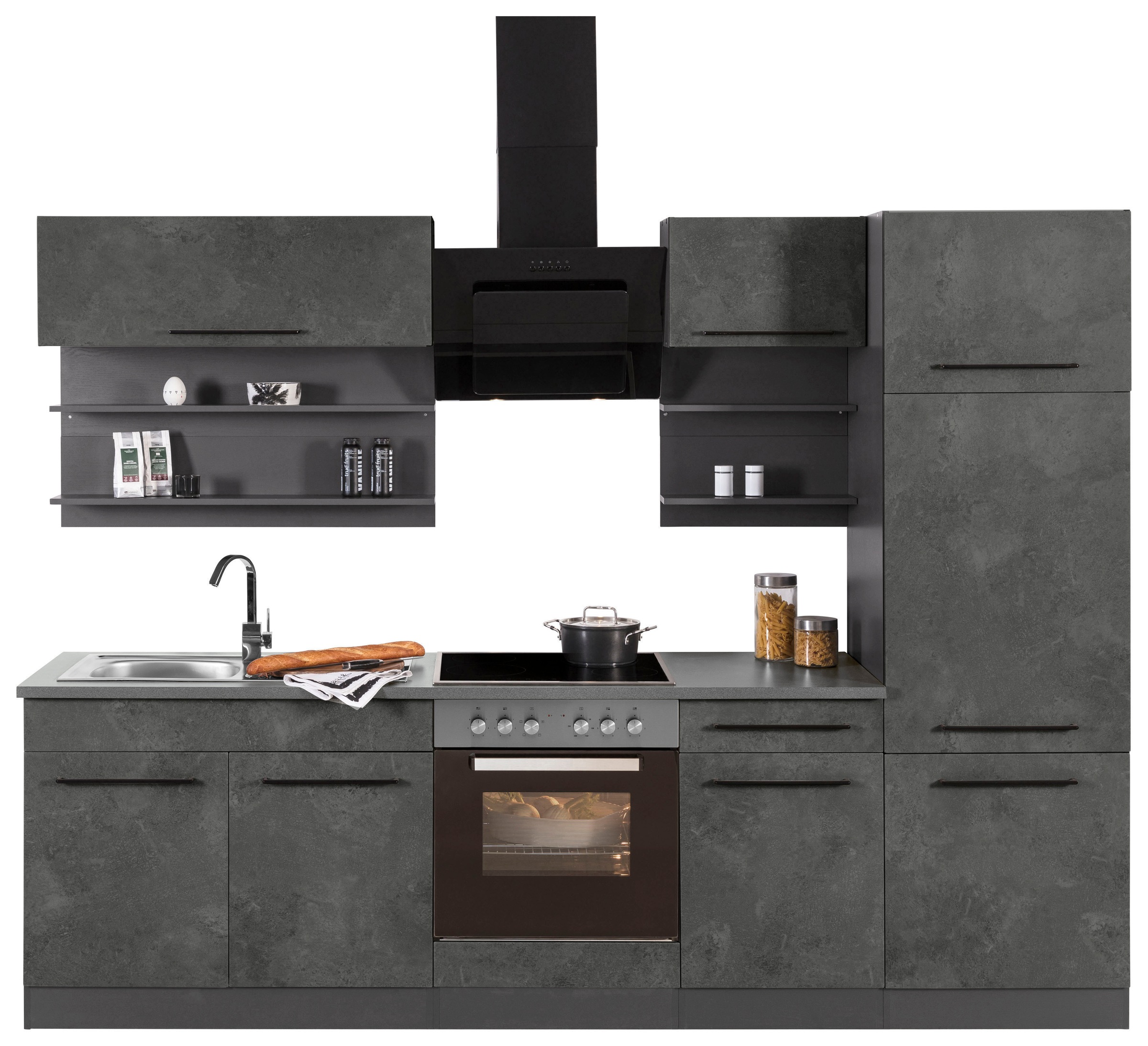 KOCHSTATION Küchenzeile "KS-Tulsa" ohne E-Geräte, Breite 270 cm, schwarze Metallgriffe, MDF Fronten