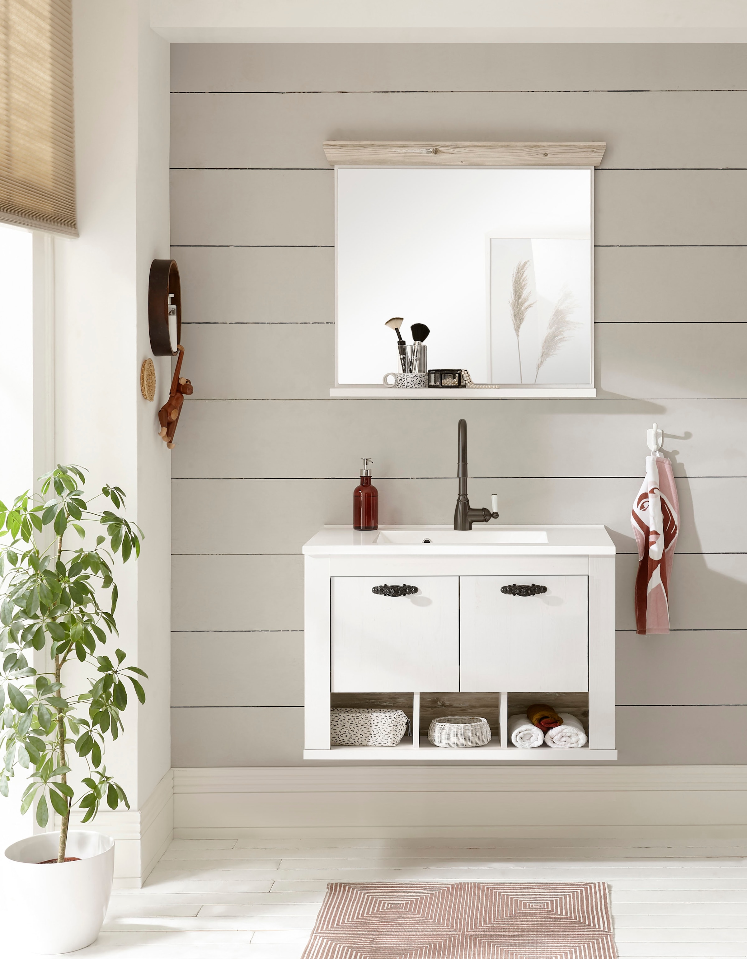 Home affaire Badspiegel »Florenz, Spiegel im Landhausstil«, in Pinie Weiss, mit Ablagefläche, Breite 80 cm