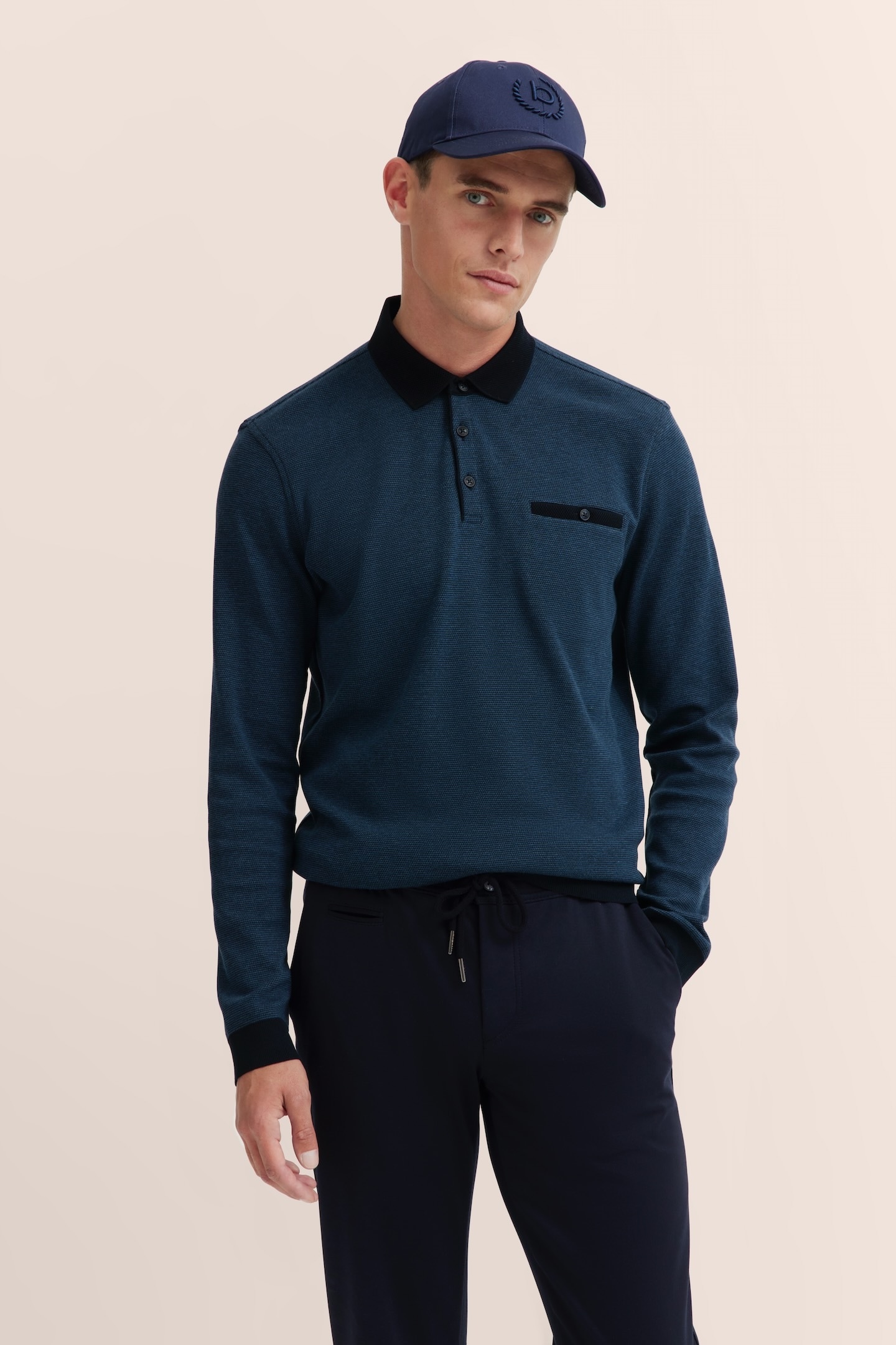 bugatti Langarm-Poloshirt mit Strukturkragen