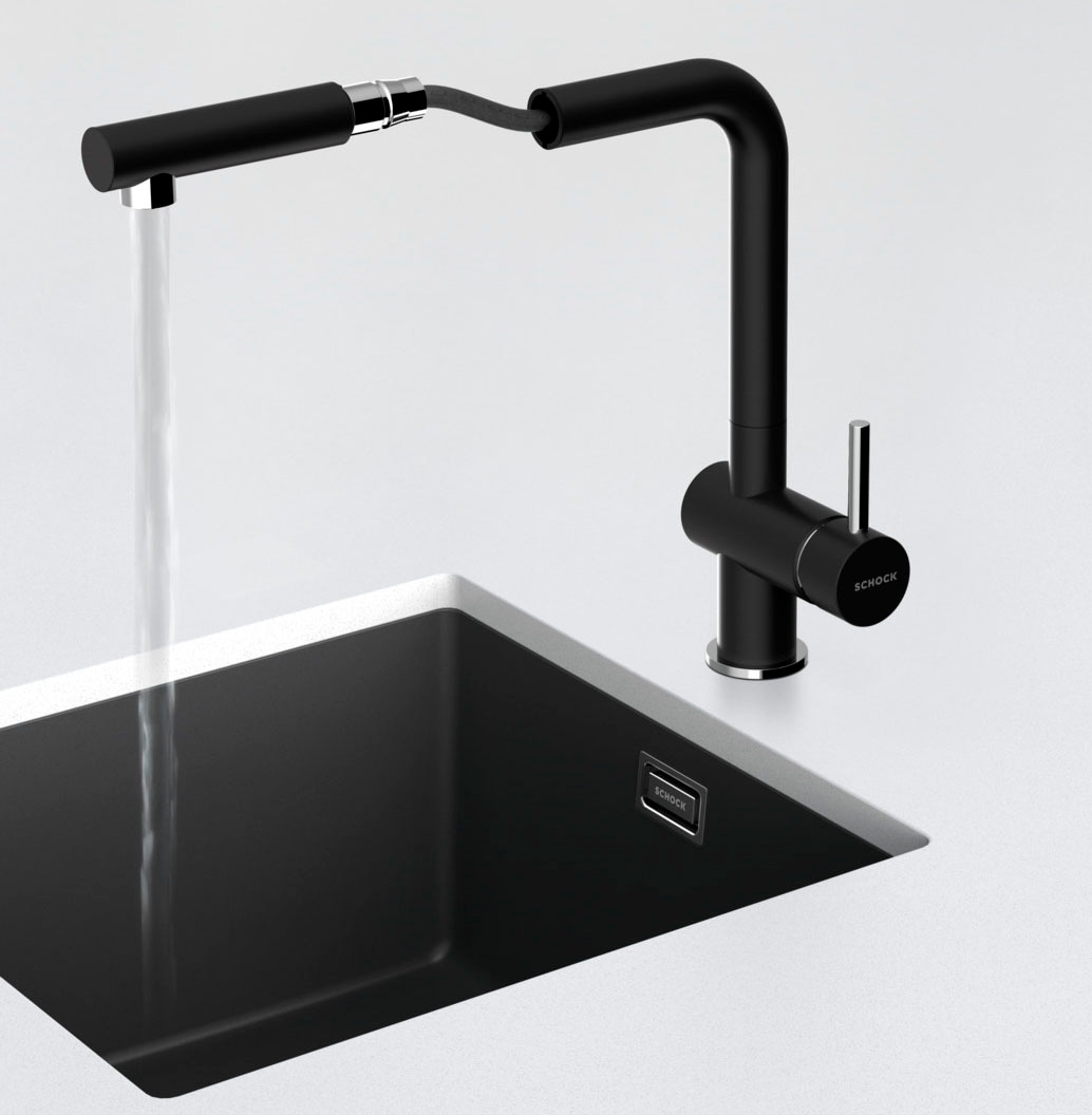Schock Küchenarmatur "Epos" ausziehbar, Rückflussverhinderer,Wasserspar-Perlator, Schwenkber. 180