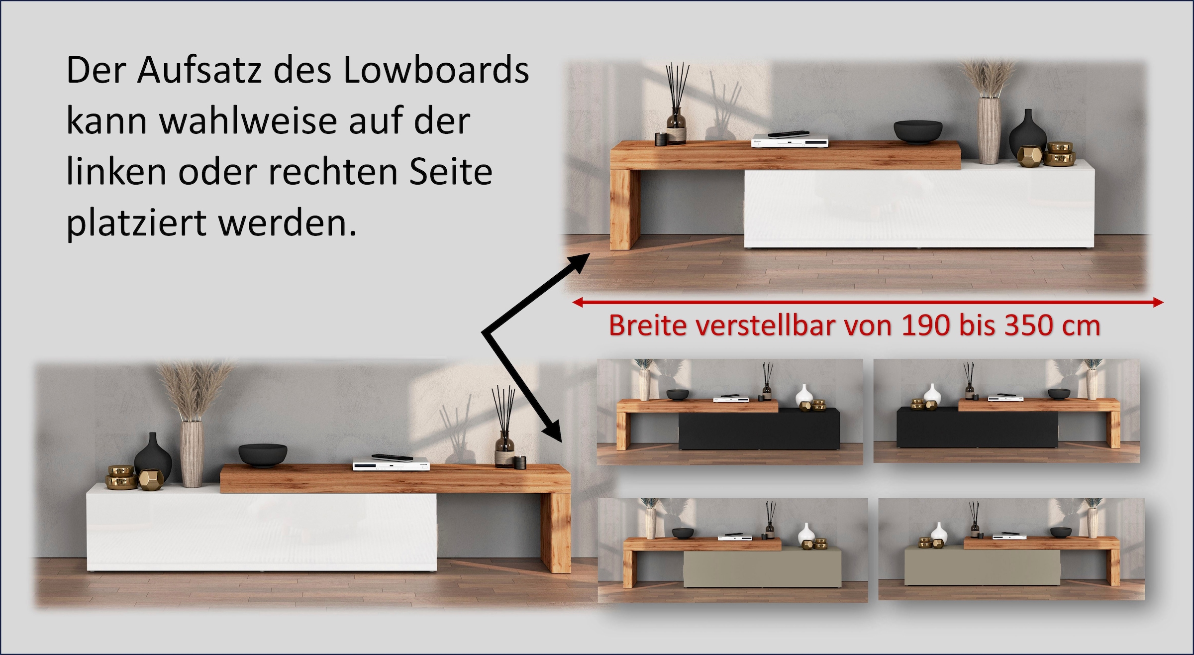 INOSIGN Lowboard »Chronos TV-Board, TV-Schrank«, (1 St., Breite verstellbar von 190 bis 350 cm), Breite 270 cm TV-Board,Lowboard,1 Klappe und ein L-Förmiger Aufsatz