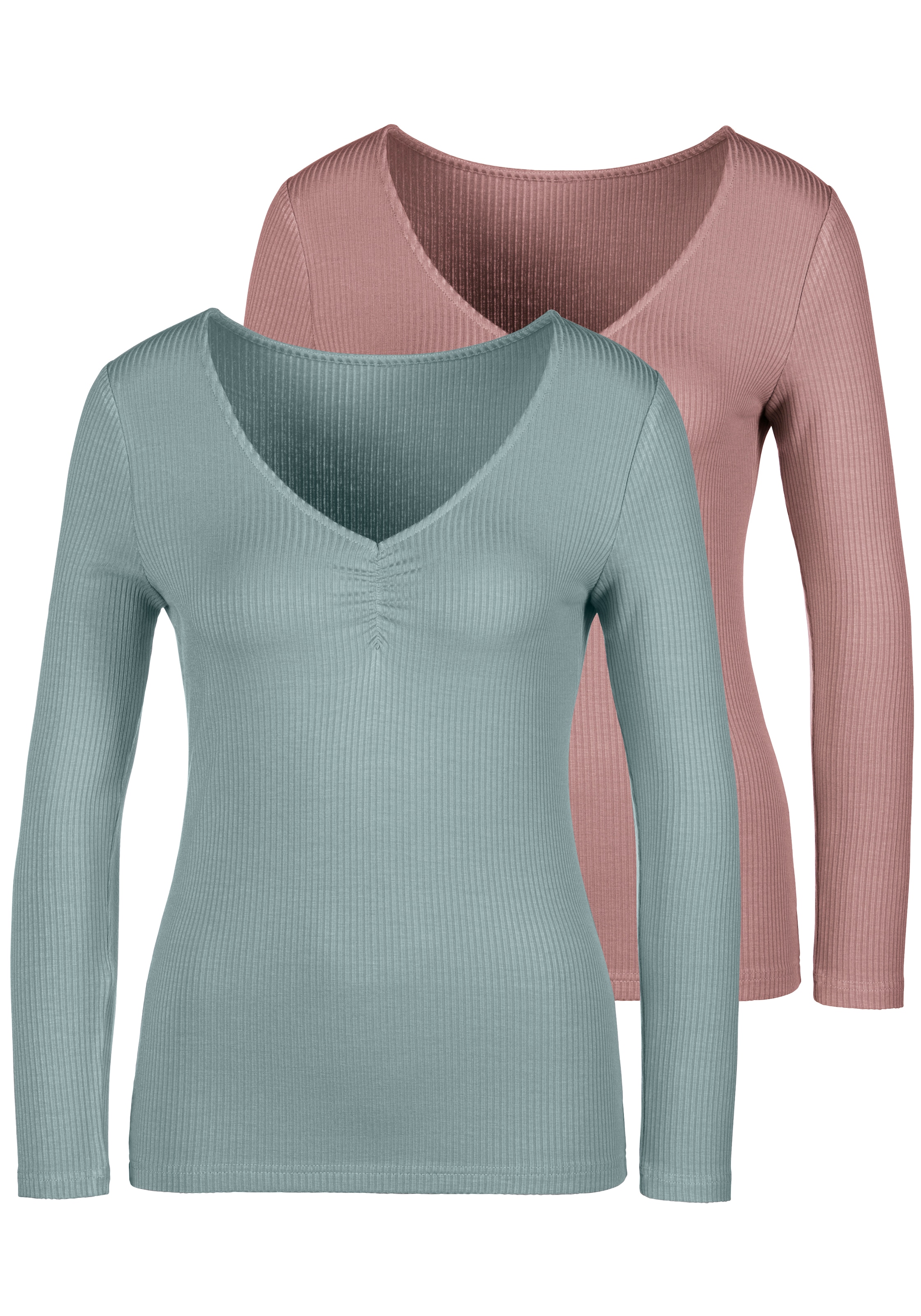 LASCANA Langarmshirt »Rippshirt«, (2er-Pack), mit V-Ausschnitt und kleiner  Raffung online kaufen bei Jelmoli-Versand Schweiz
