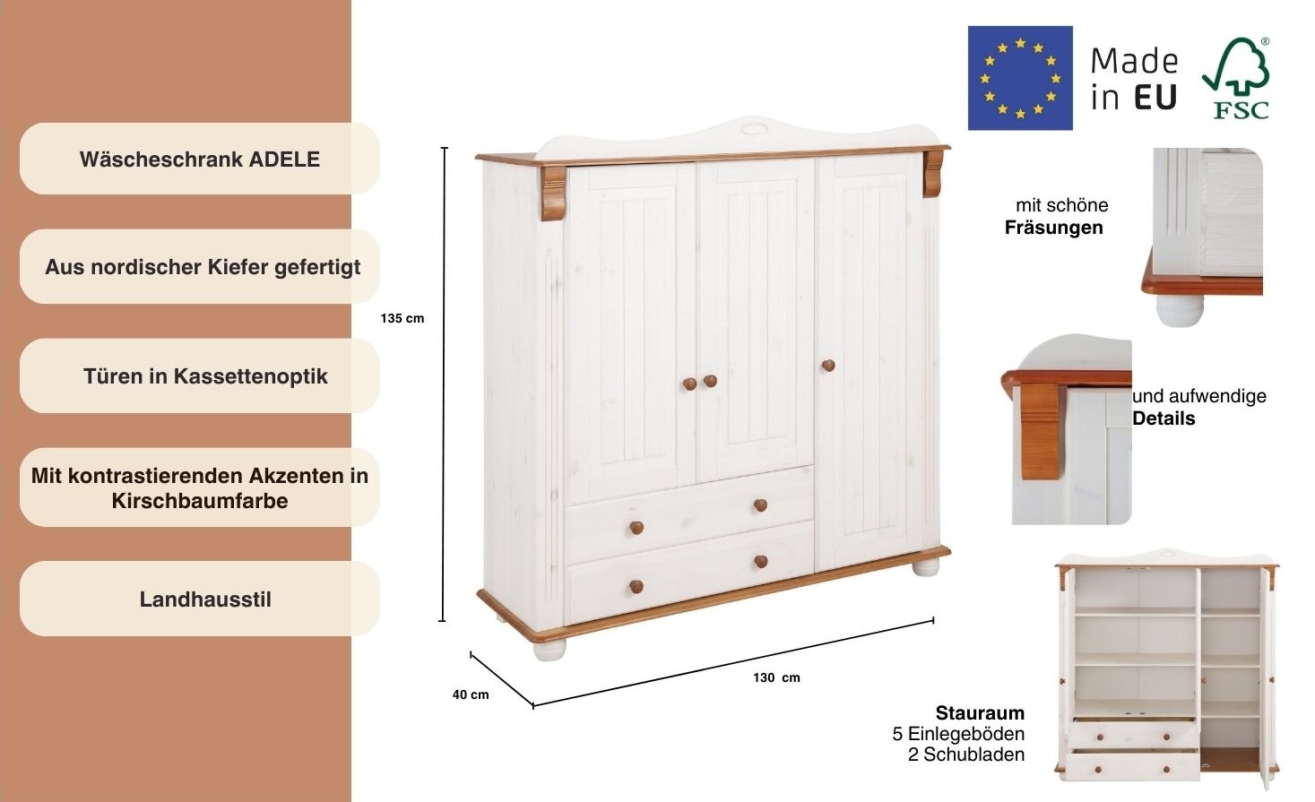 Home affaire Wäscheschrank »Adele, Mehrzweckschrank«, (2 Breiten: 93/130 cm H/T ca. 135/40 cm), aus massiver Kiefer, 2-oder 3-türig