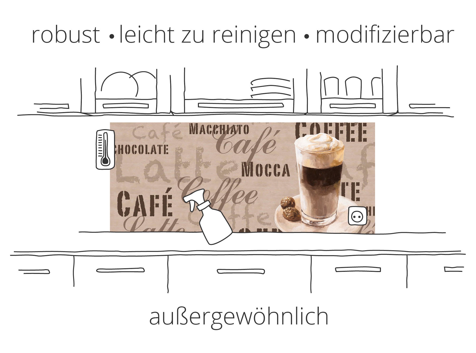 Artland Küchenrückwand »Kaffee - Cappuccino - Heisser Kaffee«, (1 tlg.), Alu Spritzschutz mit Klebeband, einfache Montage