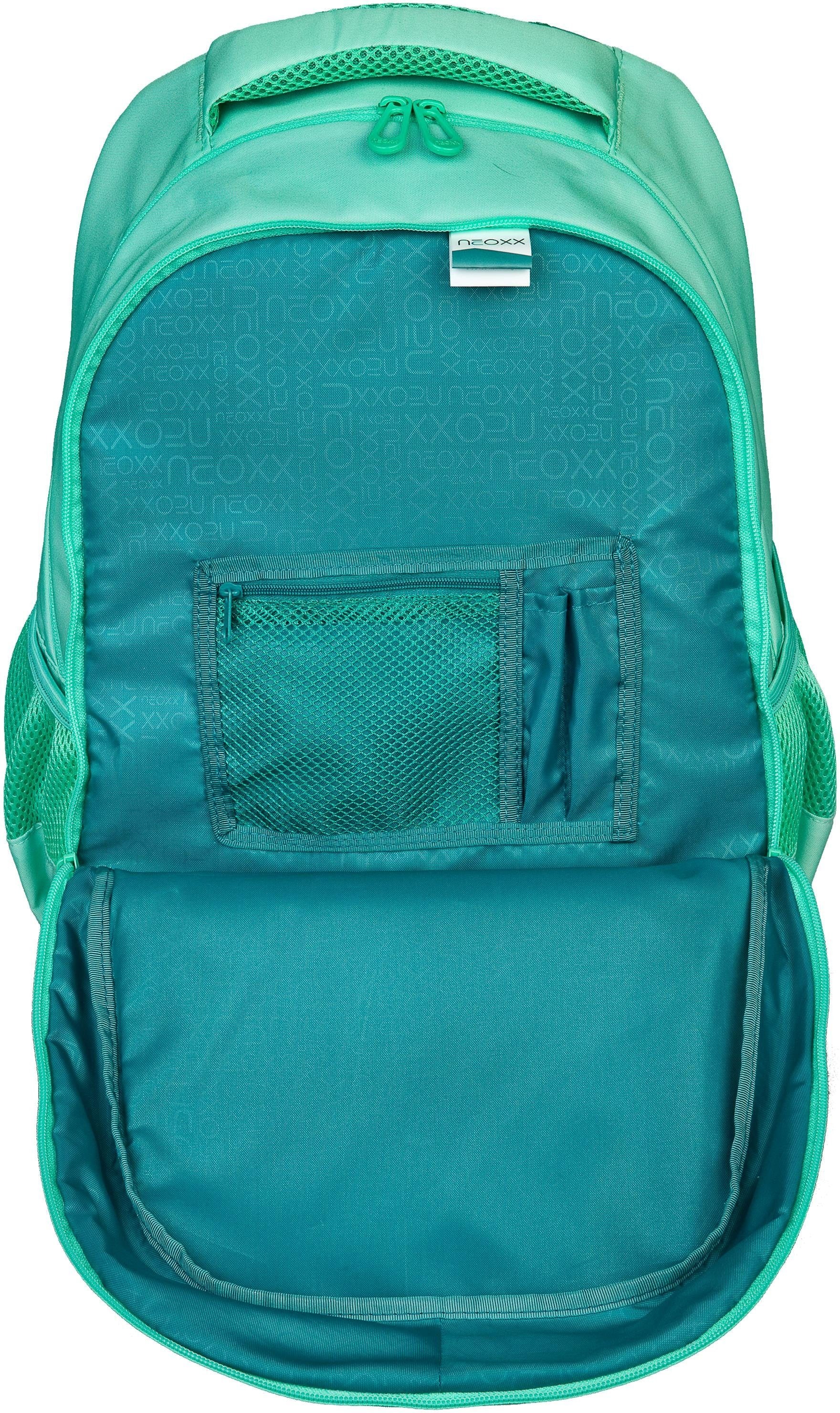 neoxx Schulrucksack »Fly, Mint to be«, Reflektionsnaht, aus recycelten PET-Flaschen