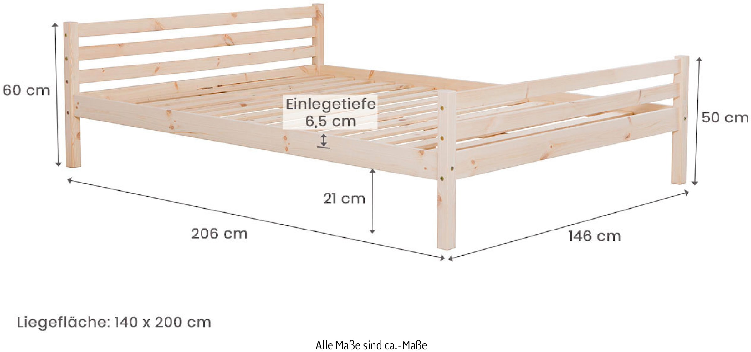 Ticaa Jugendbett, Futonbett in diversen Breiten, Kiefer, mit Rollrost