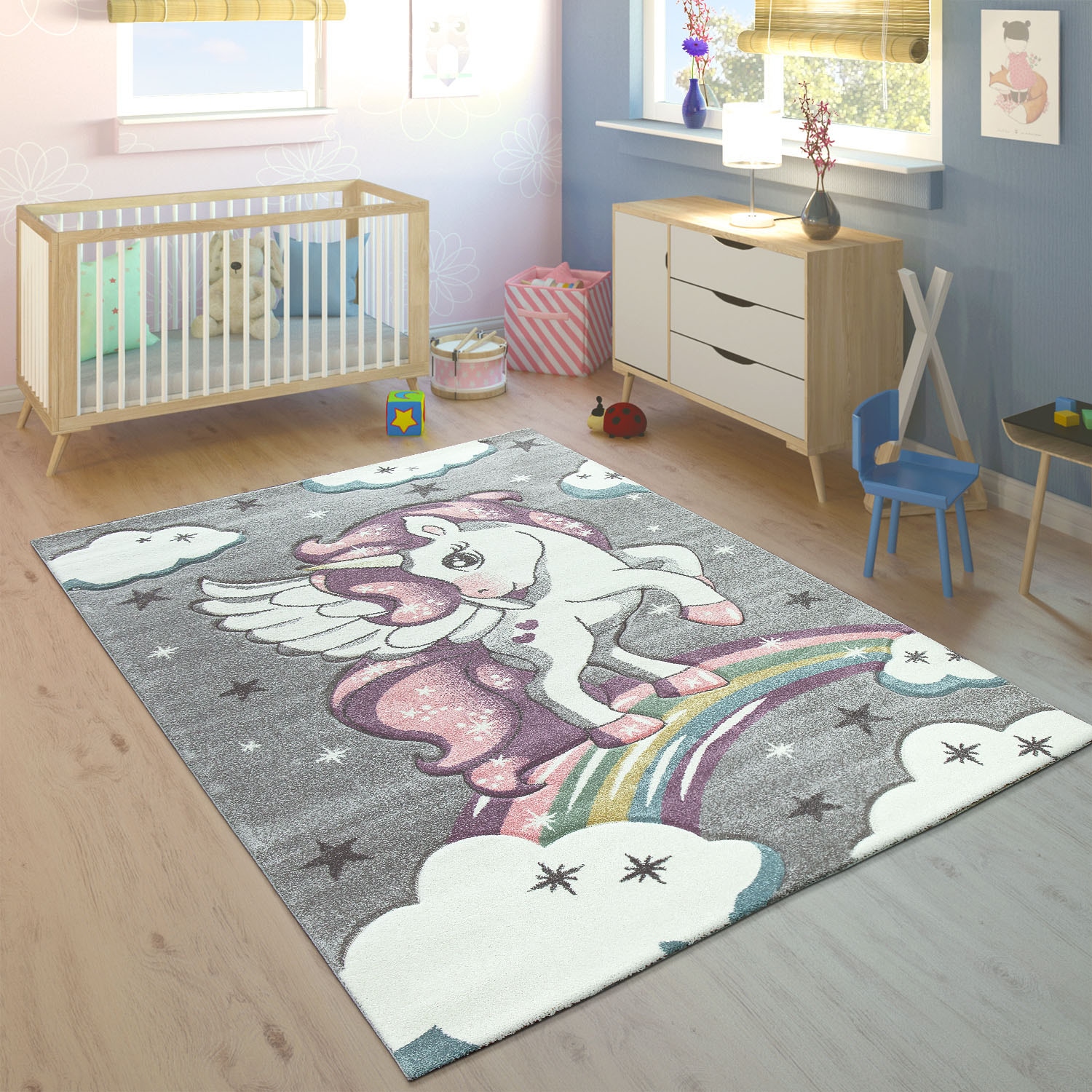 Paco Home Kinderteppich »Cosmo 213«, rechteckig, 3D-Design, Motiv Einhorn & Regenbogen, Kinderzimmer