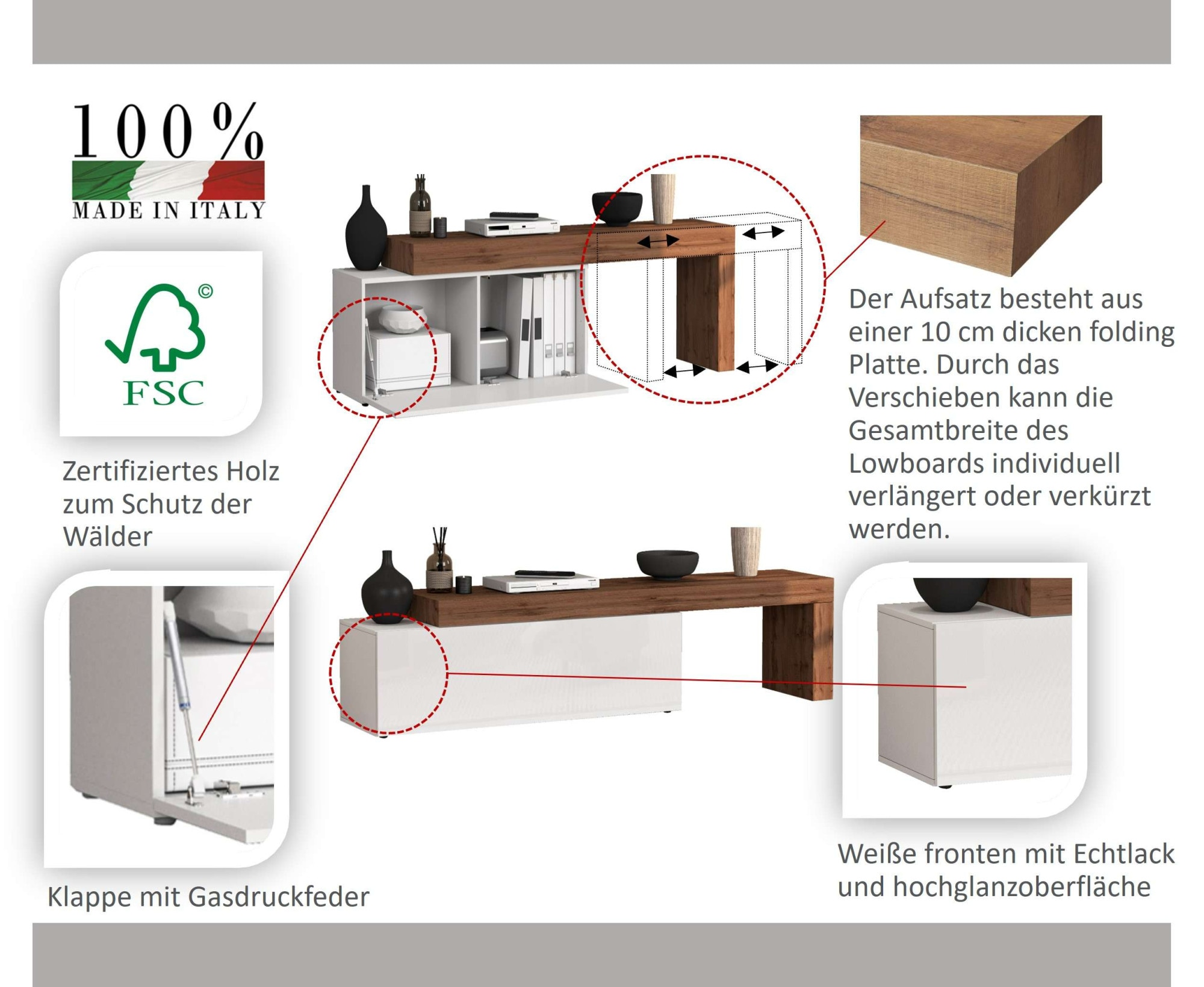 INOSIGN Lowboard »Chronos TV-Board, T-Schrank«, (1 St., Breite verstellbar von 180 bis 290 cm), Breite 240 cm TV-Board,Lowboard,1 Klappe und ein L-Förmiger Aufsatz