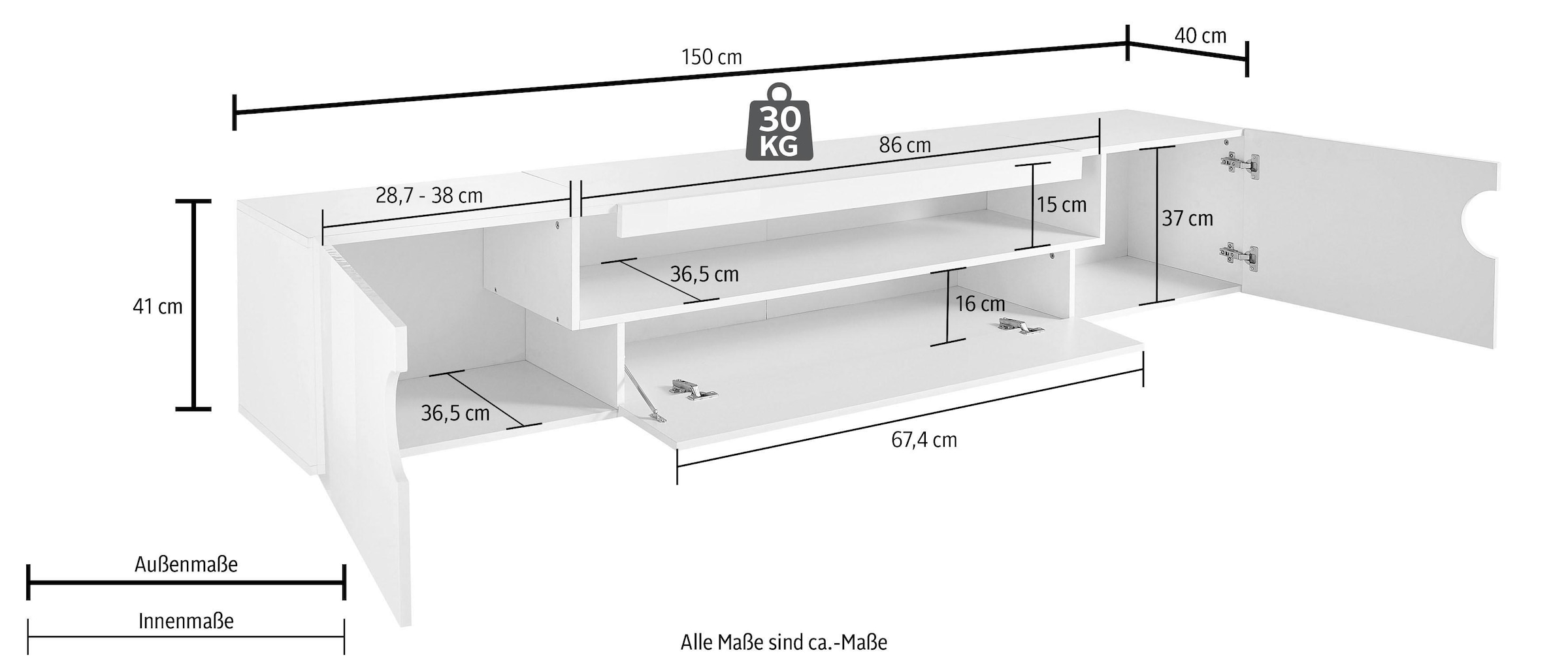 INOSIGN Lowboard »Real, Breite 150 cm,TV-Bank, TV-Kommode, komplett Hochglanz lackiert«, mit 2 abgerundeten Türen,1 Klappe, die ein ovales offenes Fach bilden