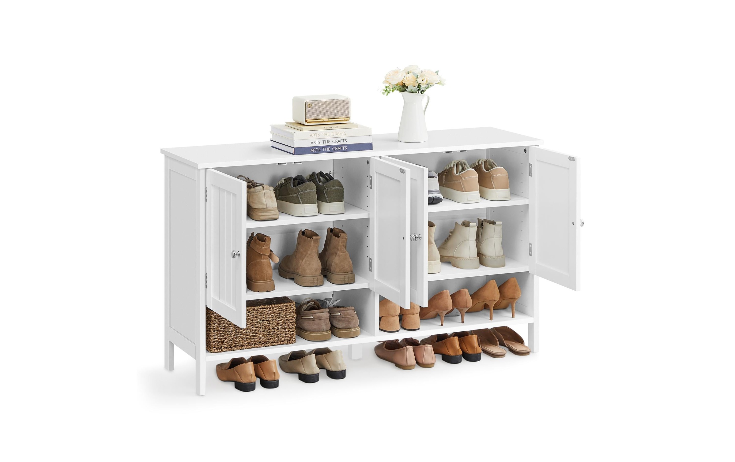 VASAGLE Schuhschrank »Landhausstil 120 x 70 cm«, Verfügt ein offenes Fach und einen Schrank mit insgesamt 4 Ablagen