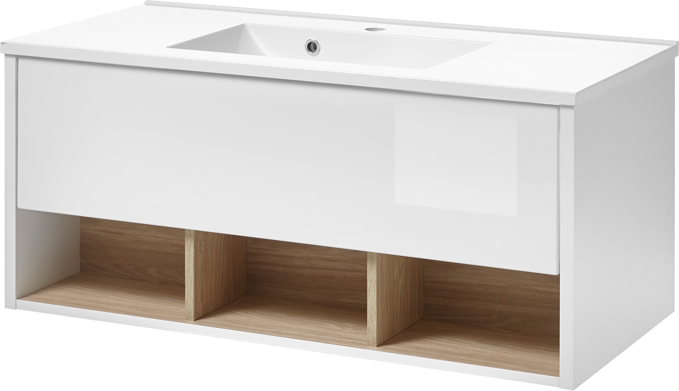 Places of Style Badmöbel-Set »Studio Line, Bad im modernen Design, 3-teiliges Badezimmer«, (3 St.), Schrank, Waschtisch und Spiegel, in zwei Farben verfügbar, Stauraum