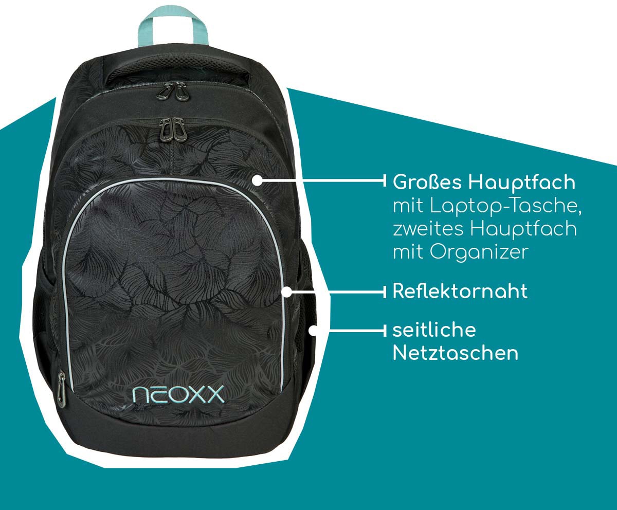 neoxx Schulrucksack »Fly, Queen of the Nite«, Reflektionsnaht, aus recycelten PET-Flaschen