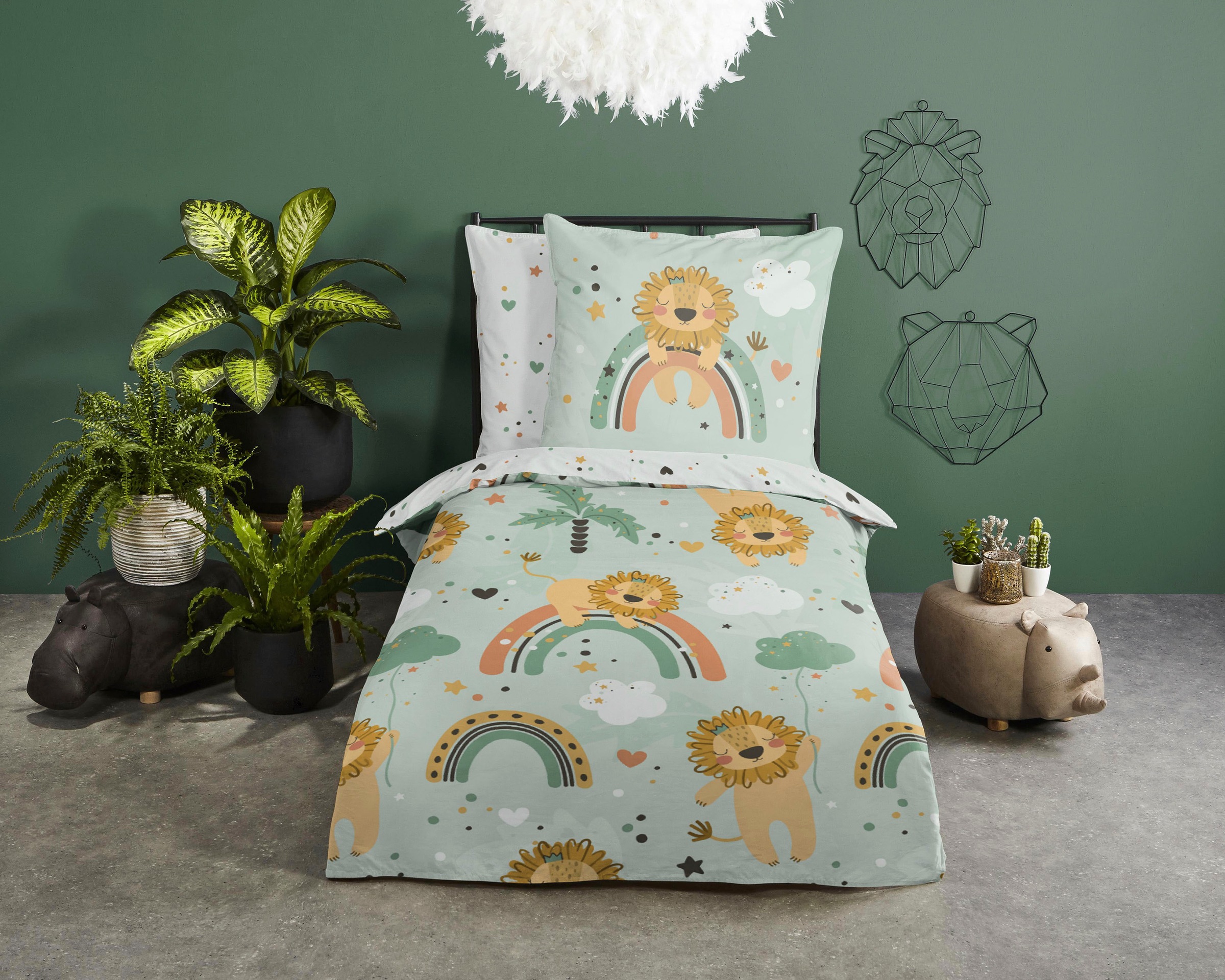 good morning Kinderbettwäsche »Lions«, Baumwolle, 135x200, Reissverschluss, Wendeoptik, Kind, Junge, Grün Löwe